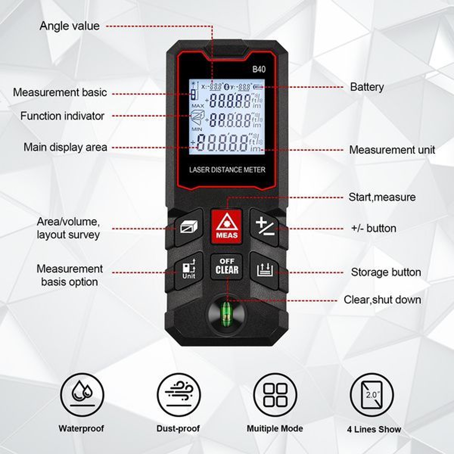60&nbsp;m Mesure LCD de distance numérique Niveau de mini télémètre Distance/Surface/Volume/Pythagorée Stockage des données de l'outil de mesure