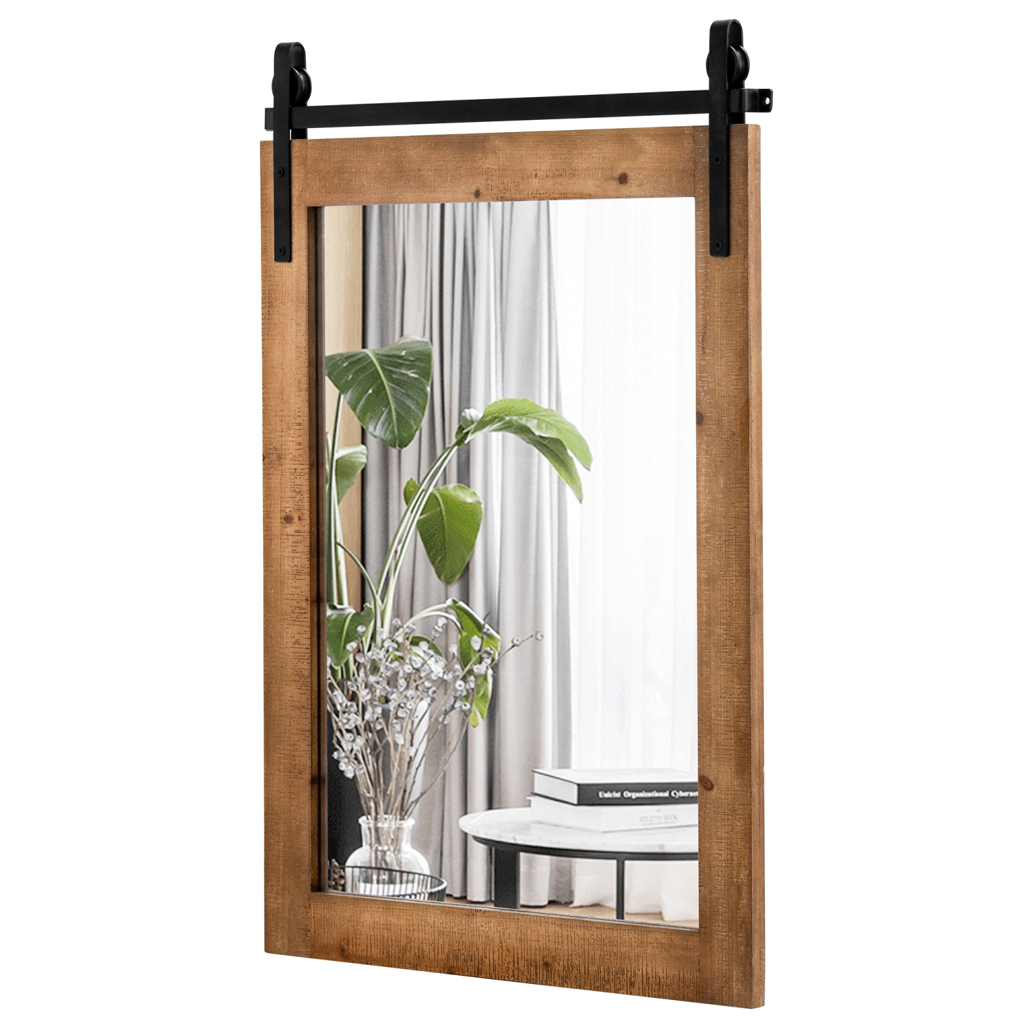 Costway 30"x22" Wall Mount Mirror Decor Vanity Mirror Wood Frame Barn Door Style Brown