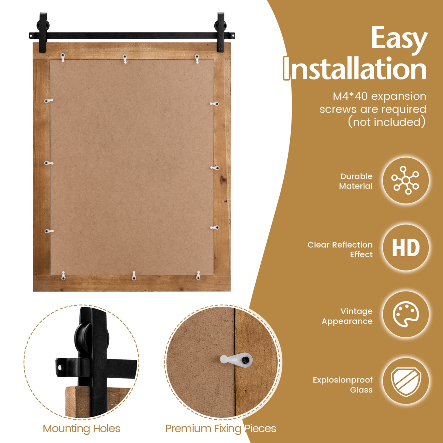 Costway 30"x22" Wall Mount Mirror Decor Vanity Mirror Wood Frame Barn Door Style Brown