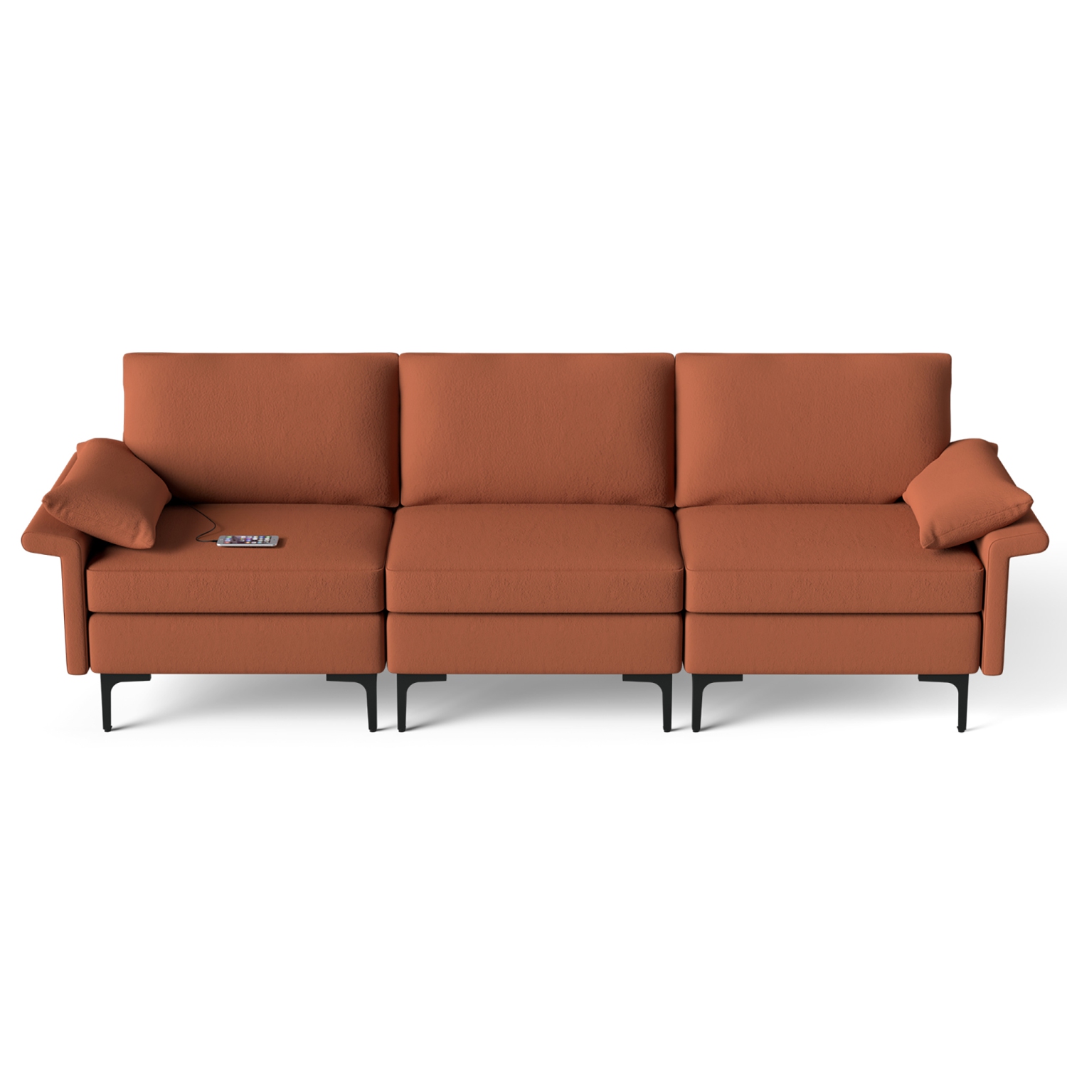 Costway Modern Modular Sofa Fabric 3-Seat Sofa USB Sofa w/ Socket USB Ports & Metal Legs Red