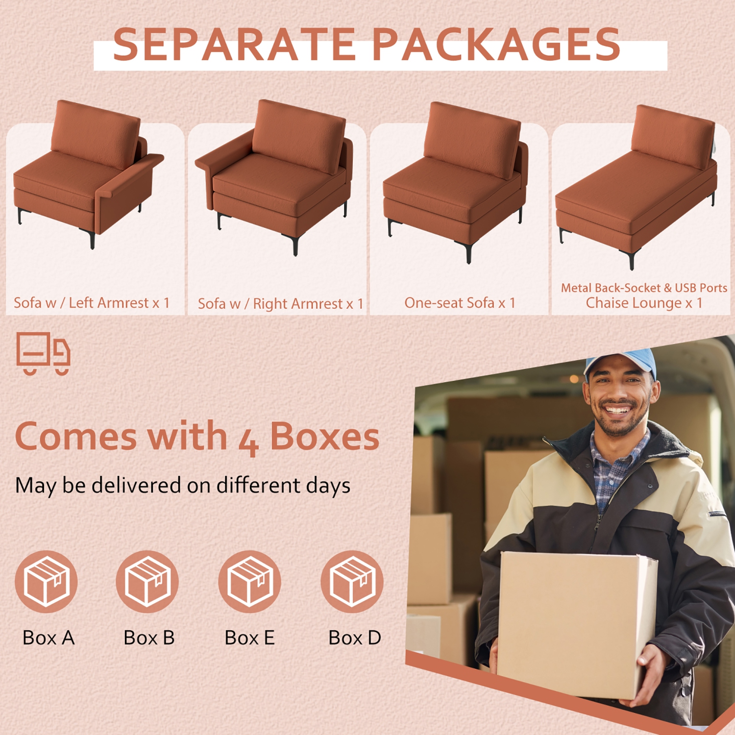 Sofa modulaire moderne en L USB de Costway avec fauteuil réversible et 2 ports USB, rouge