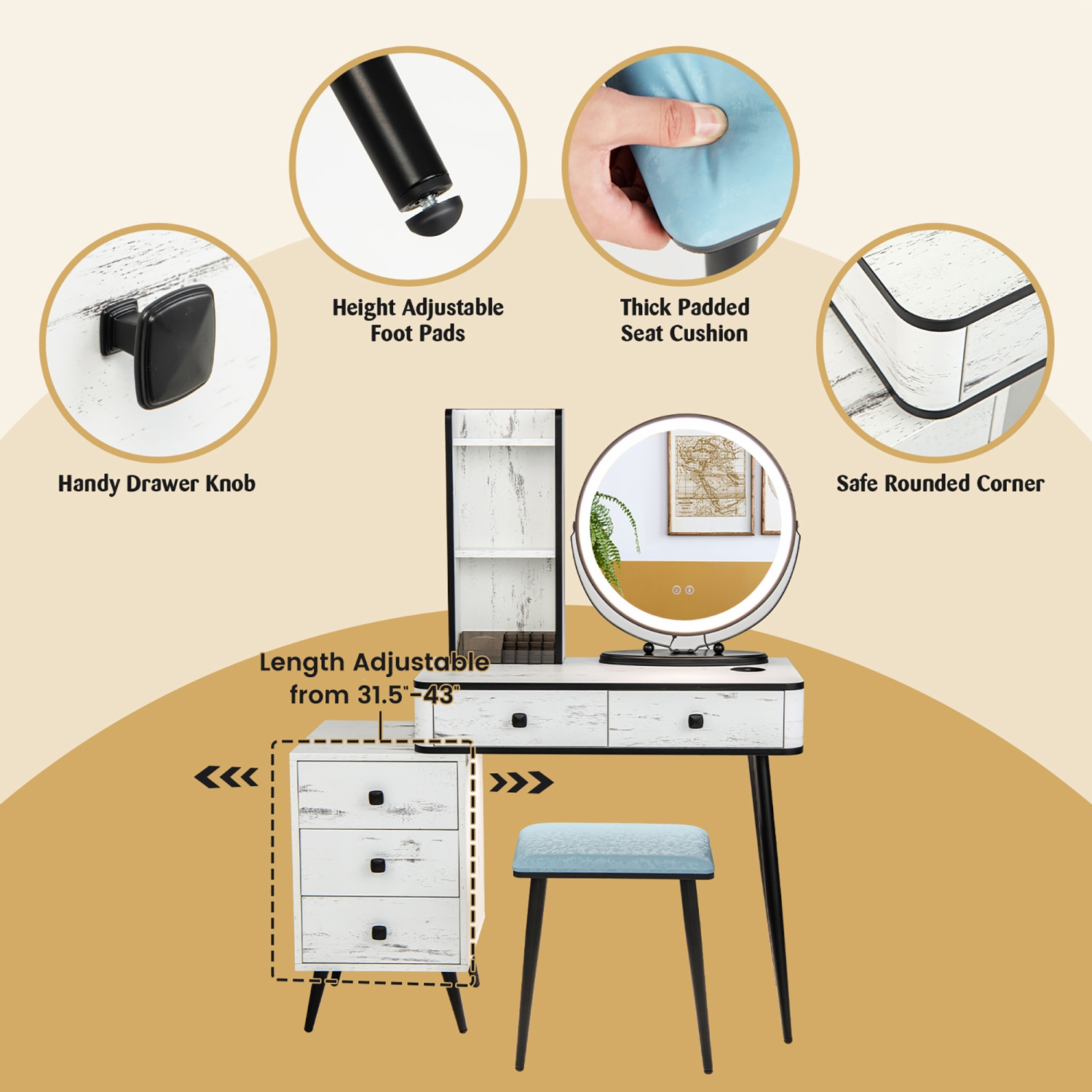 Costway Vanity Makeup Table Set 3-Color Dimmable Human Body Induction LED Light White\Brown