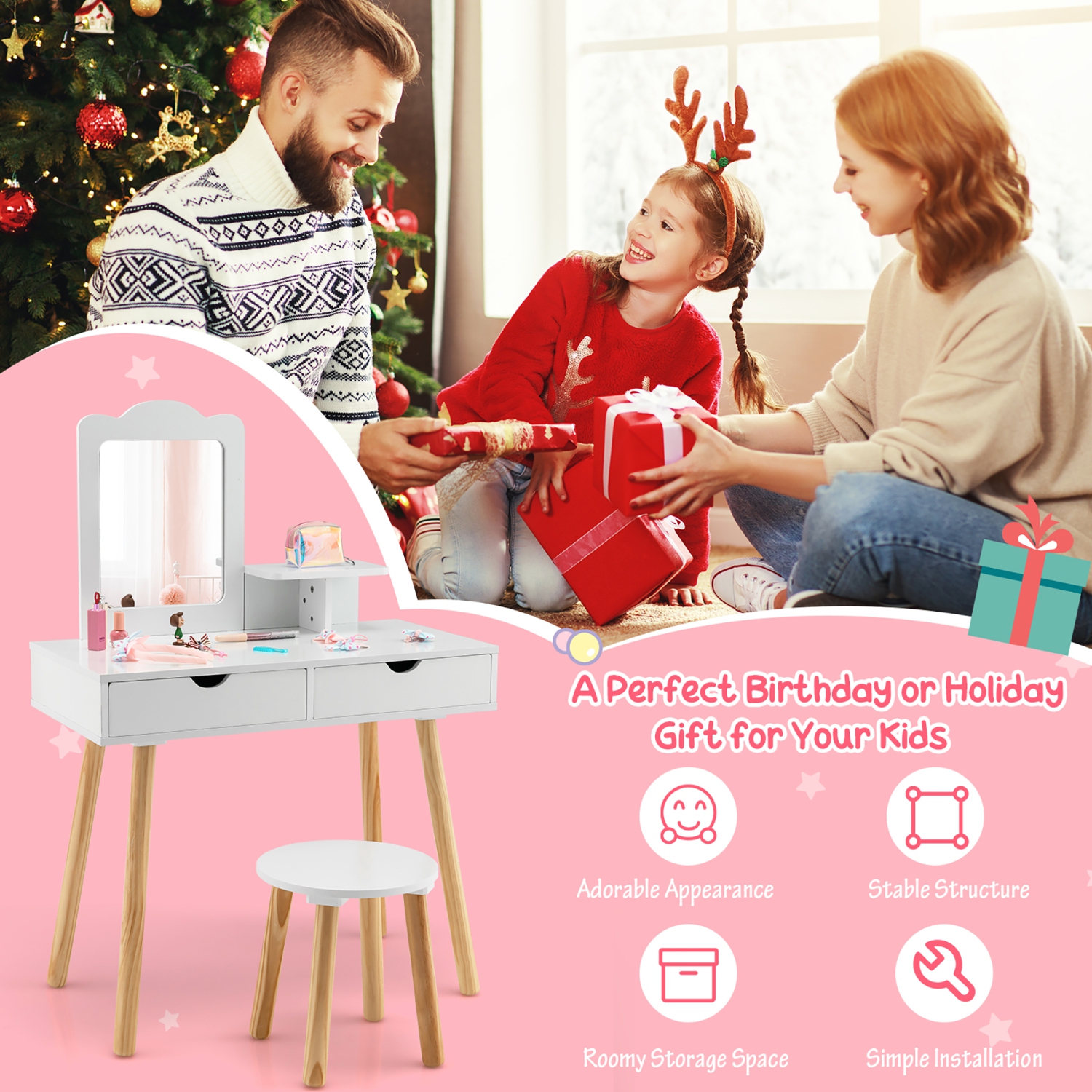 Costway Kid Vanity Table Chair Set with Mirror Large Storage Drawers Wooden Legs White