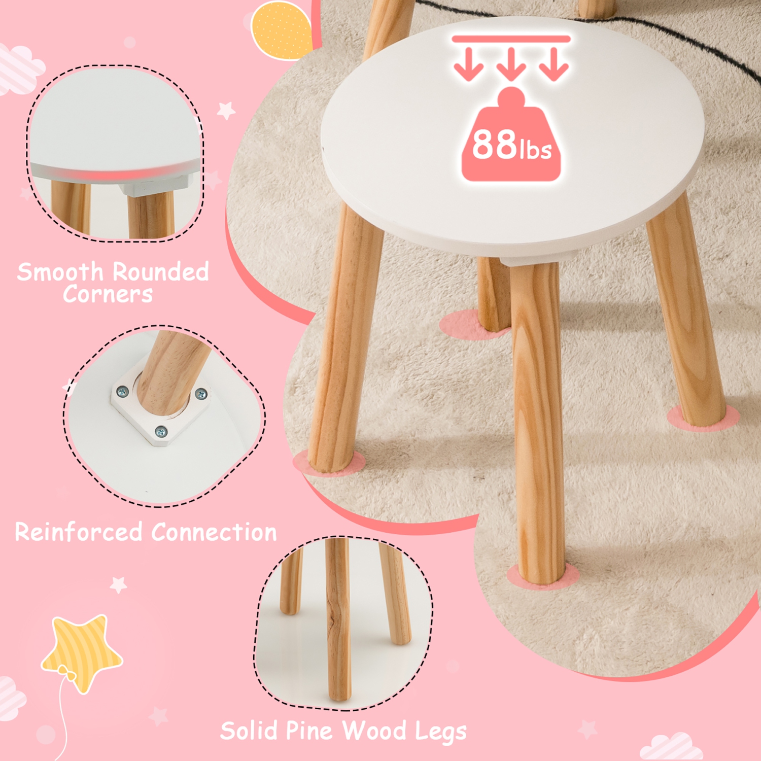 Costway Kid Vanity Table Chair Set with Mirror Large Storage Drawers Wooden Legs White