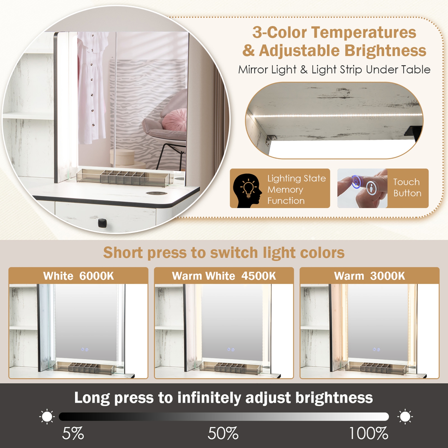 Ensemble de table de maquillage 3 couleurs pour coiffeuse de Costway, ampoule à induction pour corps humain à intensité réglable LED