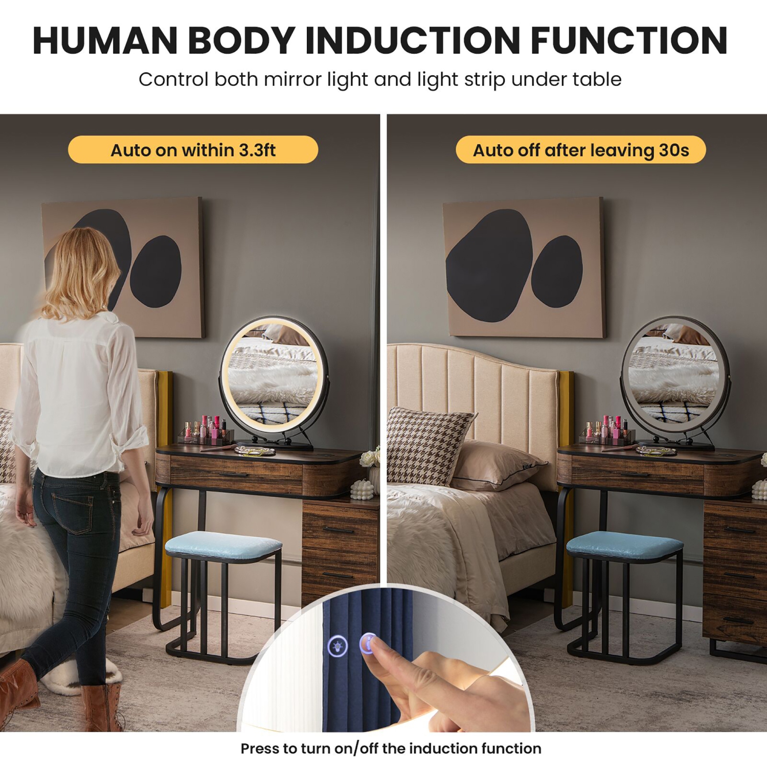 Costway Vanity Table Set 3-Color Dimmable Human Body Induction Light Charging Station