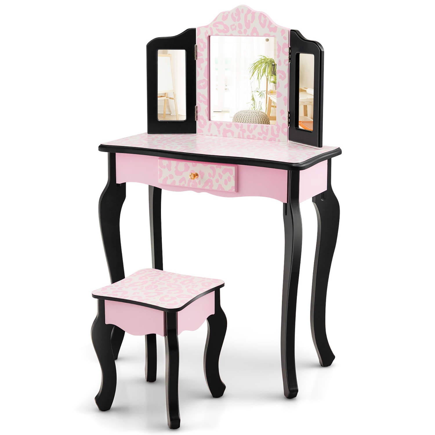 Costway Kid Vanity Set Wooden Makeup Table Stool Tri-Folding Mirror Leopard Print Pink