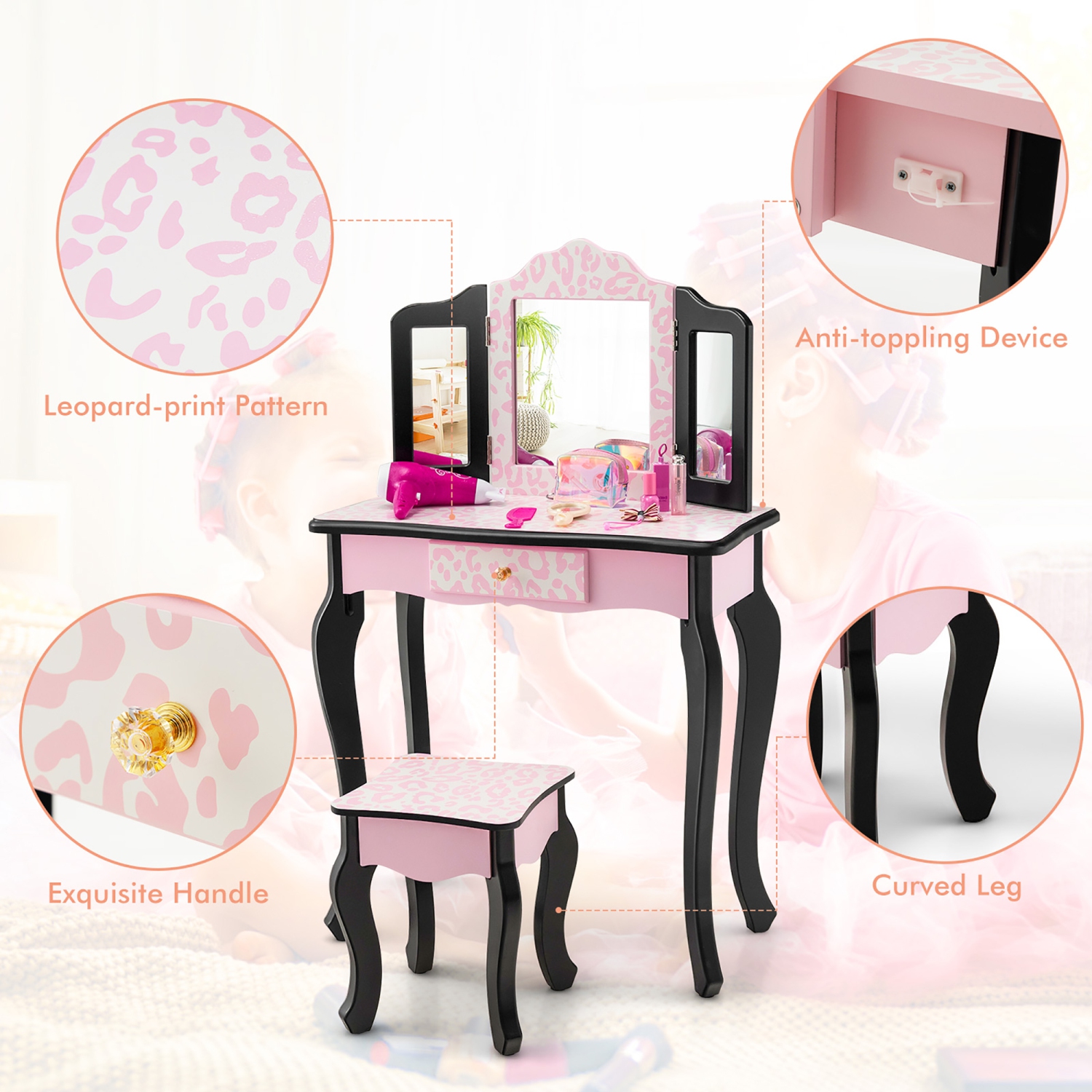 Costway Kid Vanity Set Wooden Makeup Table Stool Tri-Folding Mirror Leopard Print Pink