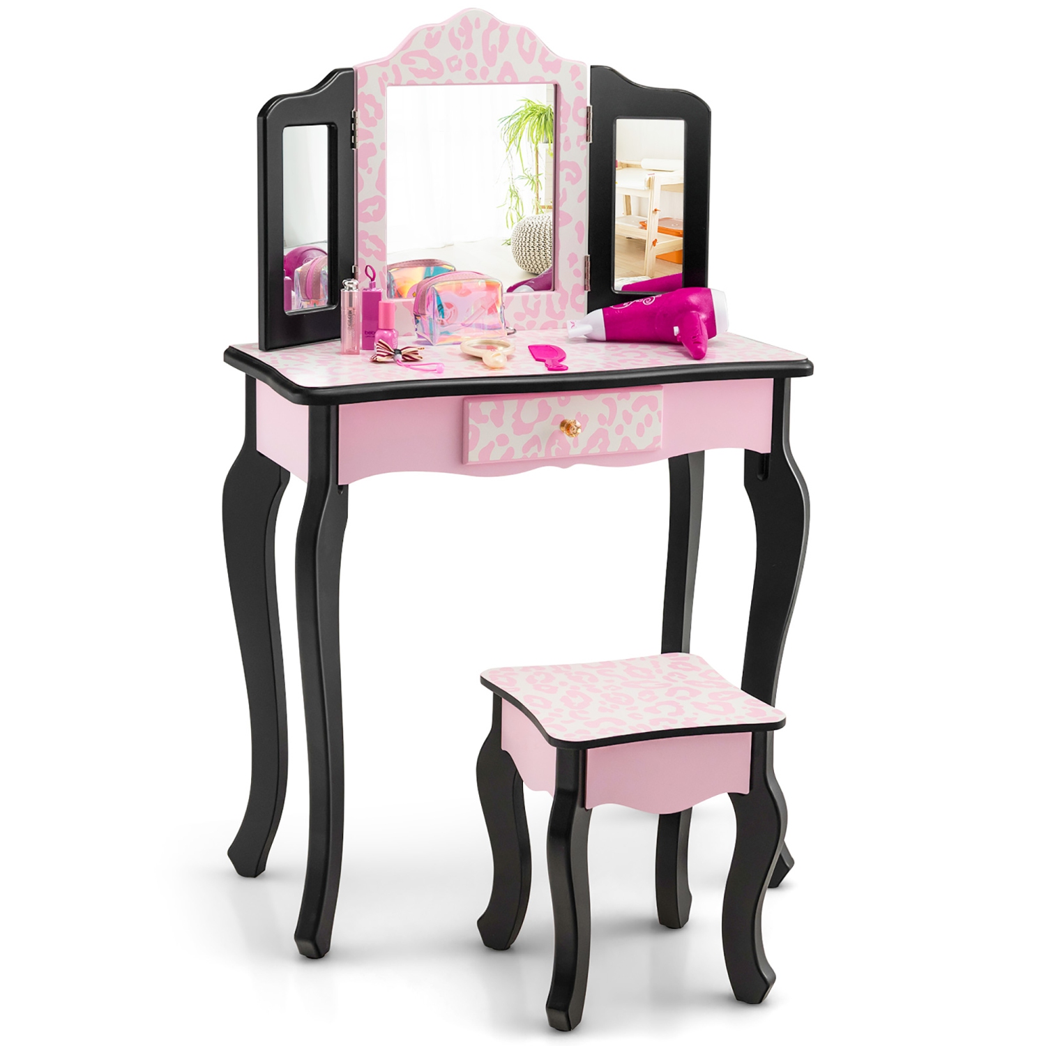 Costway Kid Vanity Set Wooden Makeup Table Stool Tri-Folding Mirror Leopard Print Pink