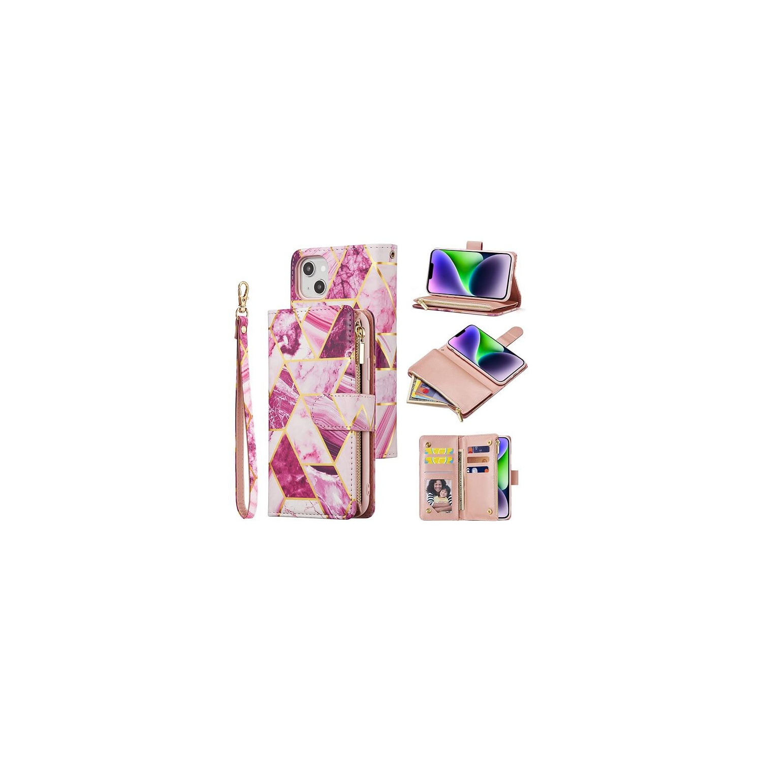 SuperShield Apple iPhone 14 Women Marble Wallet Case Card Holder Leather Flip 360 Cover