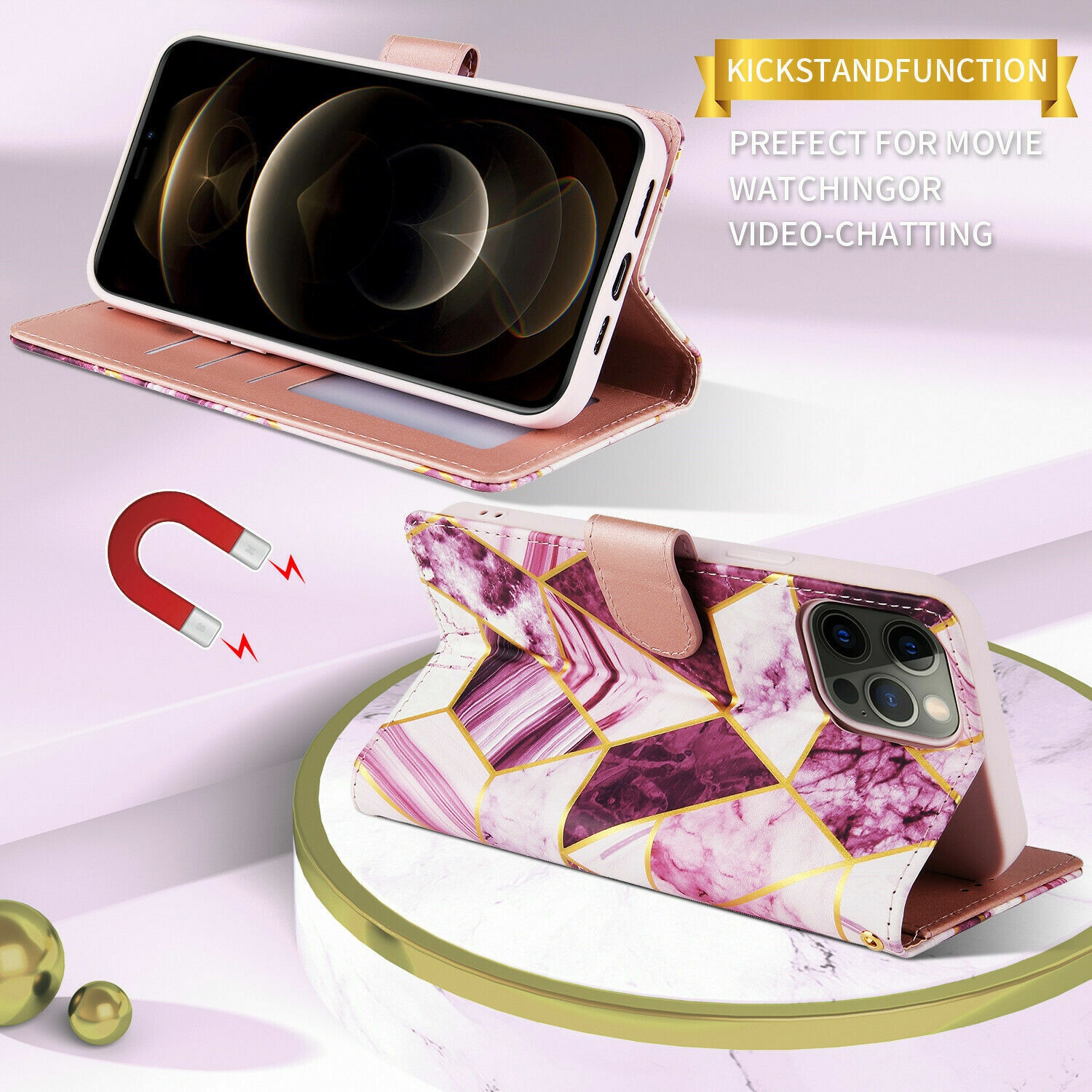 SuperShield Apple iPhone 14 Women Marble Wallet Case Card Holder Leather Flip 360 Cover