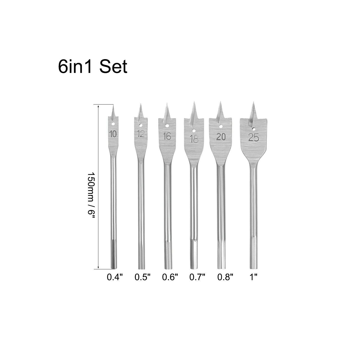 6Pcs Flat Drill Bit Set Hex Shank Wood 10 12 16 18 20 25Mm for Woodworking