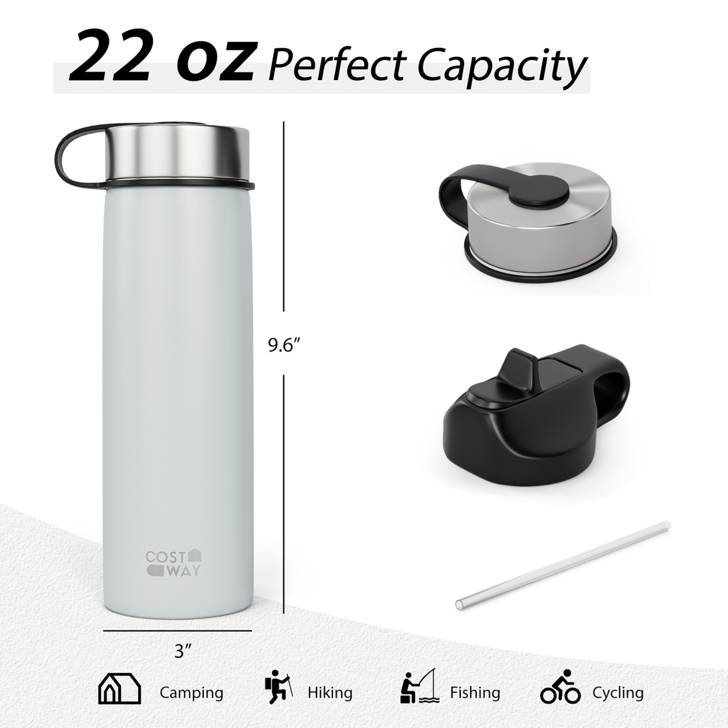 Costway 22 oz Double Wall Insulated Water Bottle Stainless Steel w/ 2 Lids & Straw