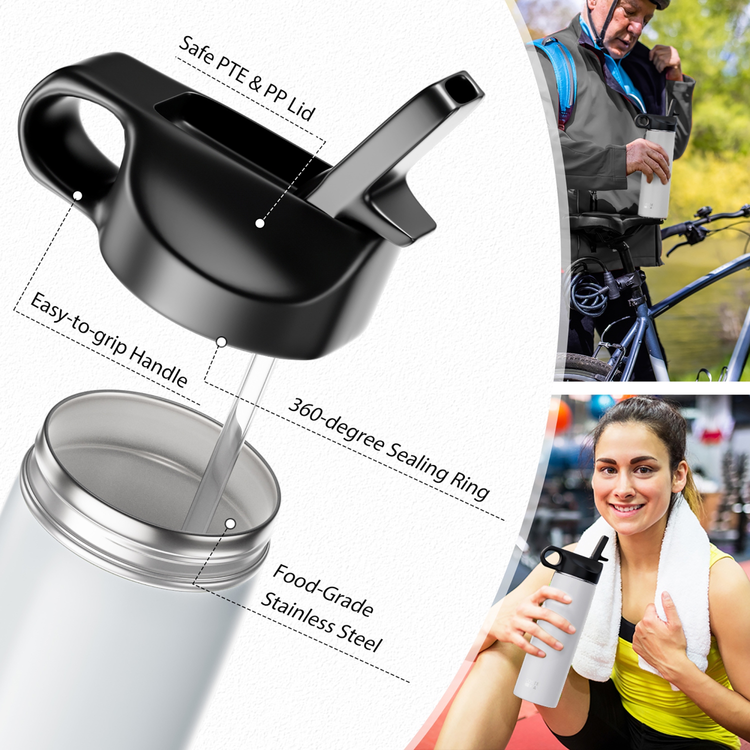 Costway 22 oz Double Wall Insulated Water Bottle Stainless Steel w/ 2 Lids & Straw