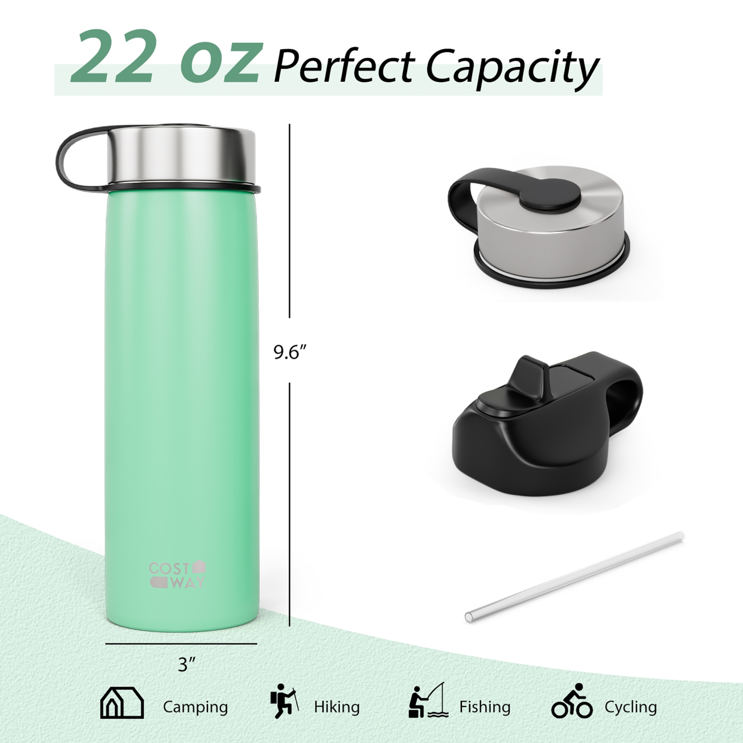 Costway 22 oz Double Wall Insulated Water Bottle Stainless Steel w/ 2 Lids & Straw