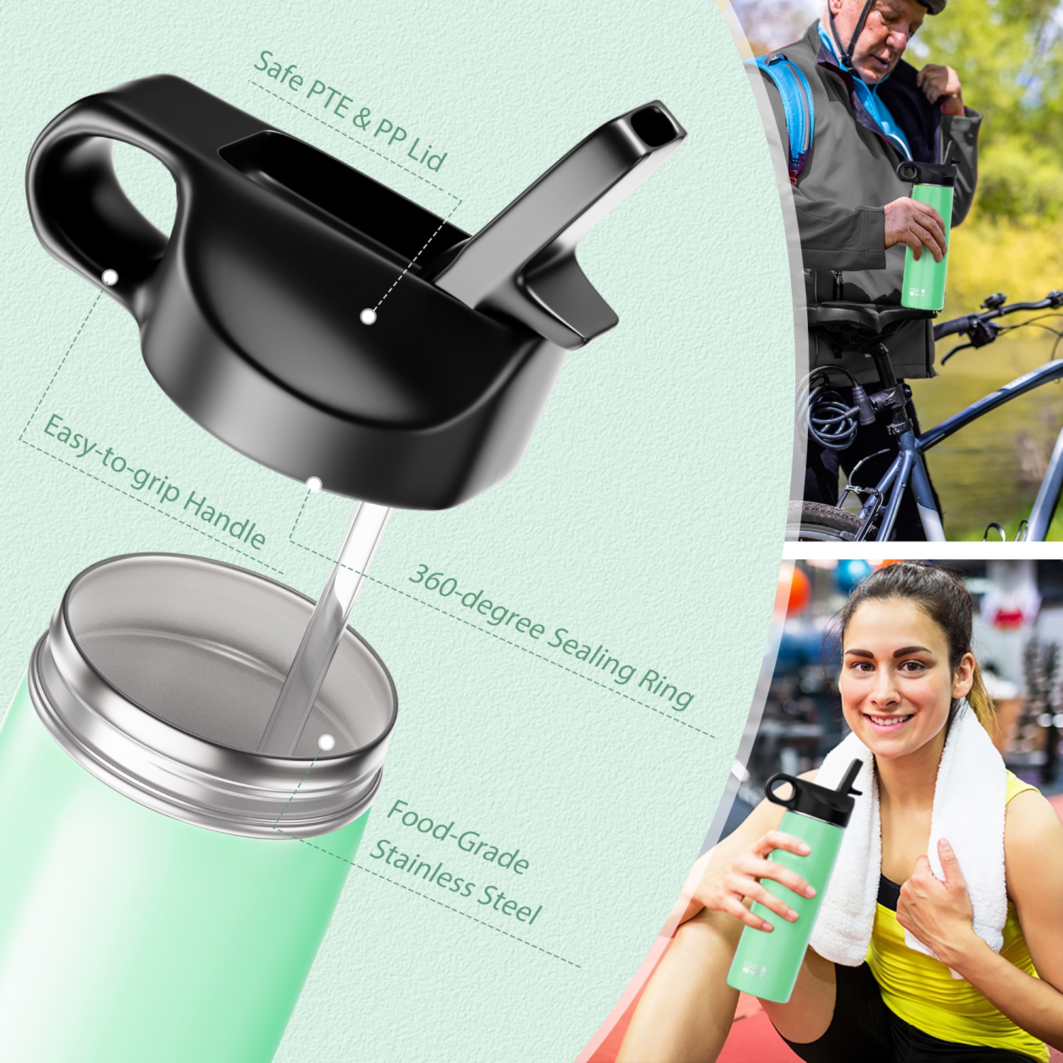 Costway 22 oz Double Wall Insulated Water Bottle Stainless Steel w/ 2 Lids & Straw