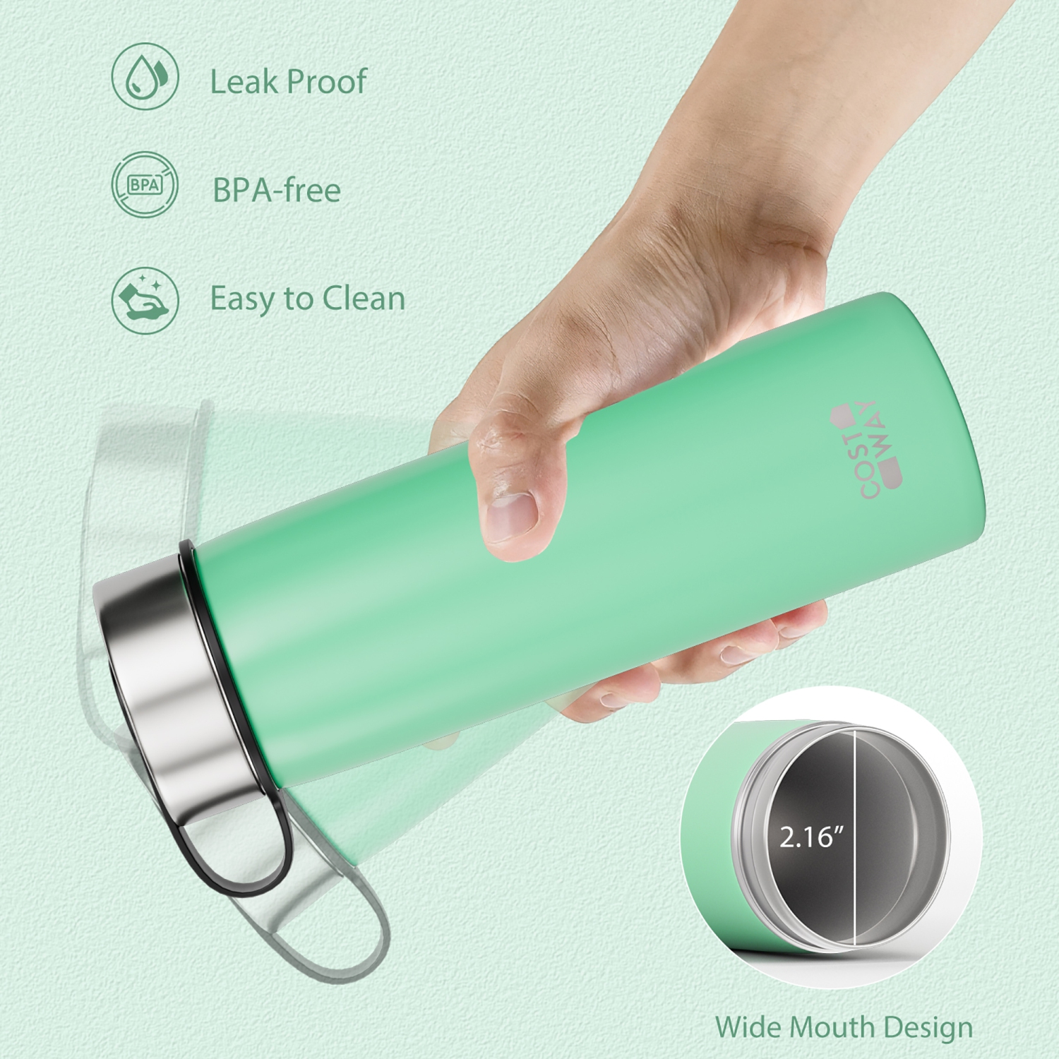 Costway 22 oz Double Wall Insulated Water Bottle Stainless Steel w/ 2 Lids & Straw