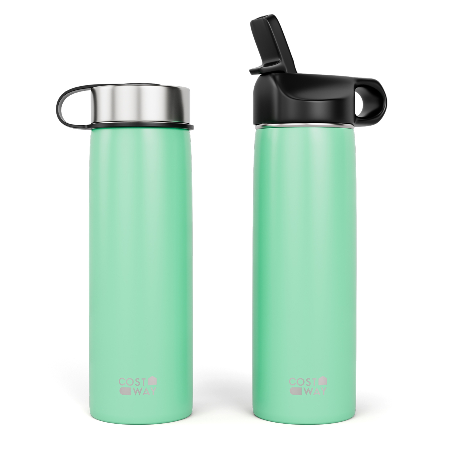 Costway 22 oz Double Wall Insulated Water Bottle Stainless Steel w/ 2 Lids & Straw