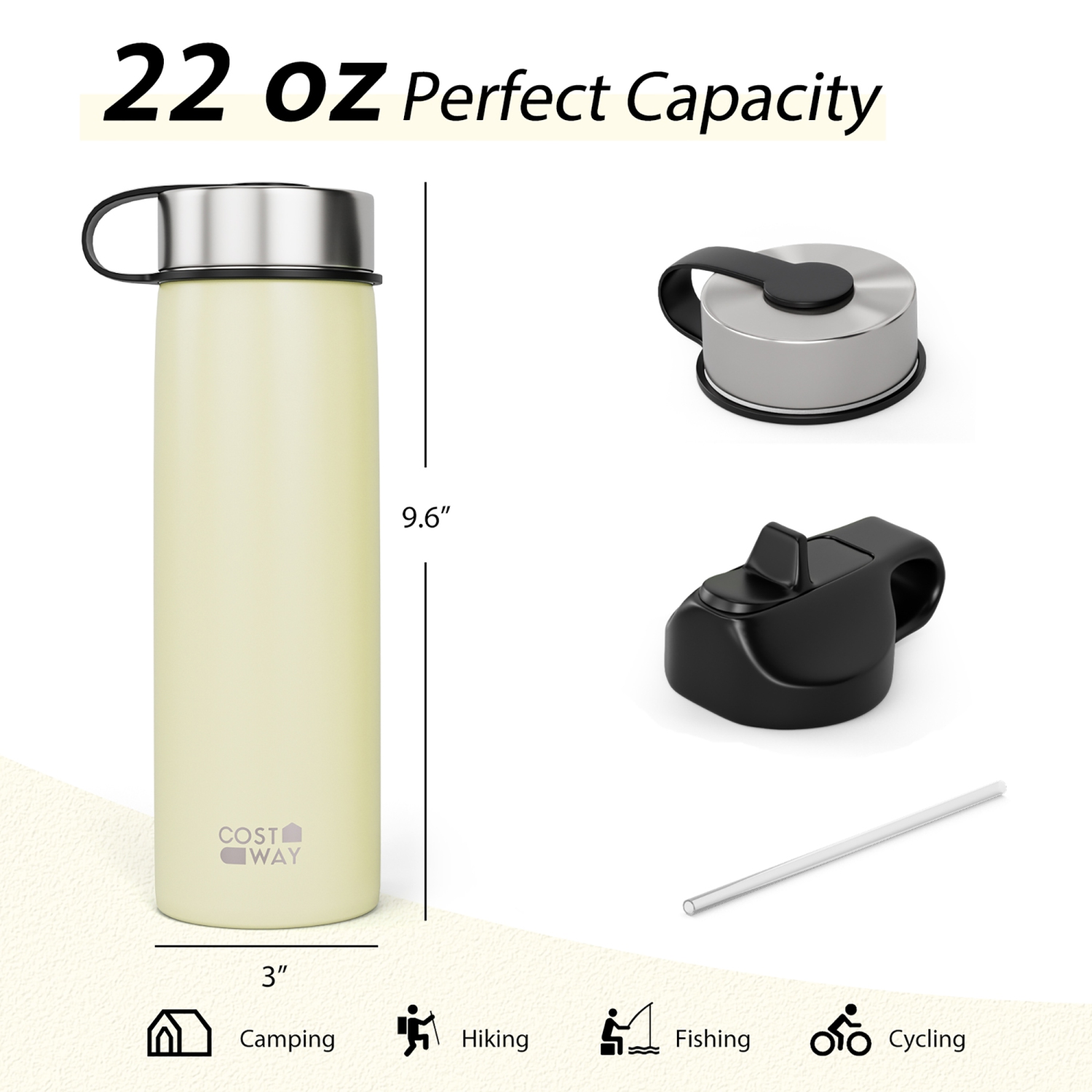 Costway 22 oz Double Wall Insulated Water Bottle Stainless Steel w/ 2 Lids & Straw