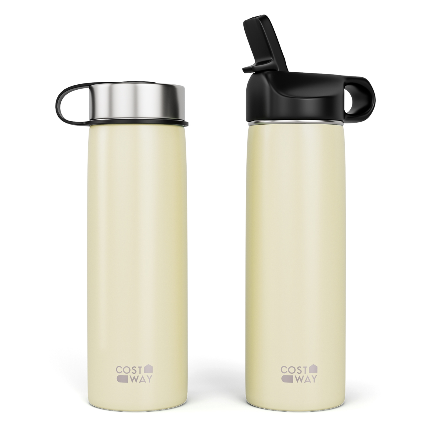 Costway 22 oz Double Wall Insulated Water Bottle Stainless Steel w/ 2 Lids & Straw