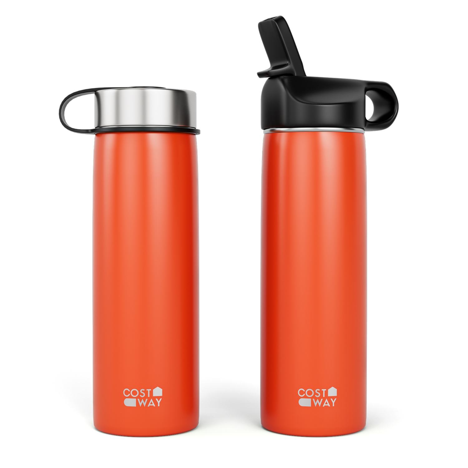 Costway 22 oz Double Wall Insulated Water Bottle Stainless Steel w/ 2 Lids & Straw