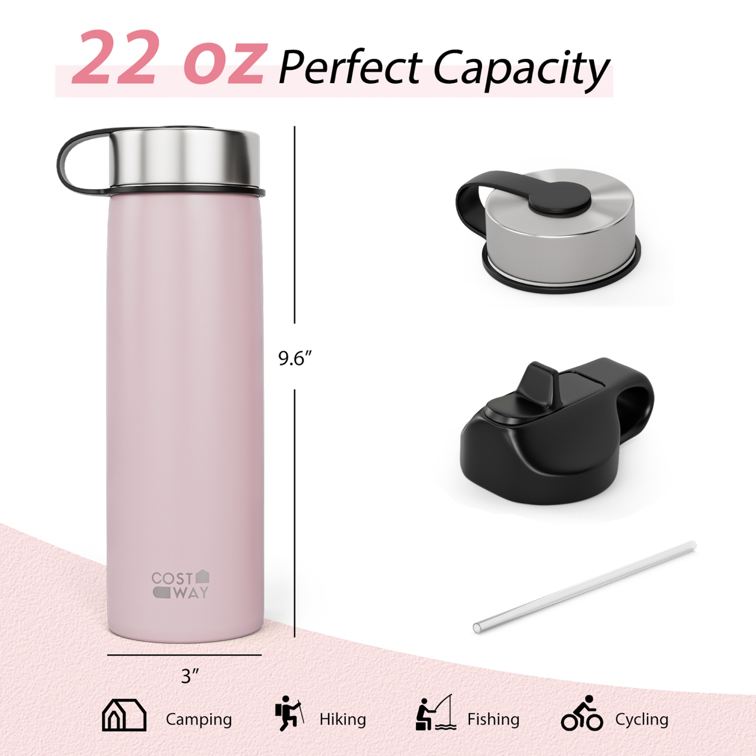 Costway 22 oz Double Wall Insulated Water Bottle Stainless Steel w/ 2 Lids & Straw