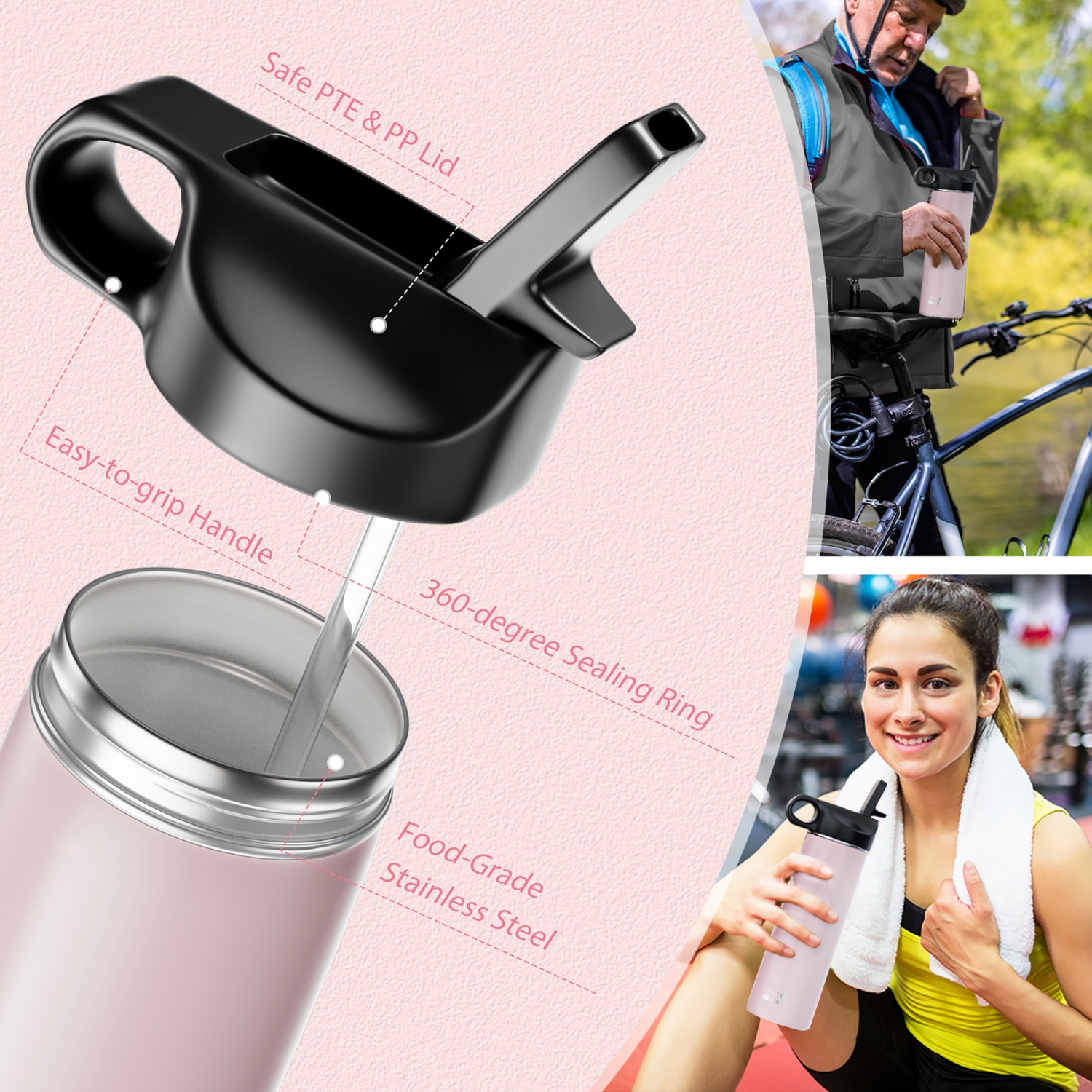 Costway 22 oz Double Wall Insulated Water Bottle Stainless Steel w/ 2 Lids & Straw