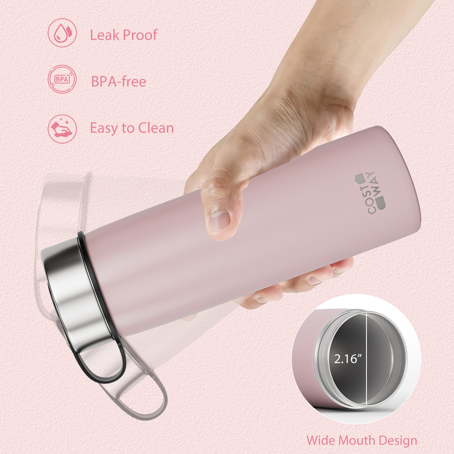 Costway 22 oz Double Wall Insulated Water Bottle Stainless Steel w/ 2 Lids & Straw