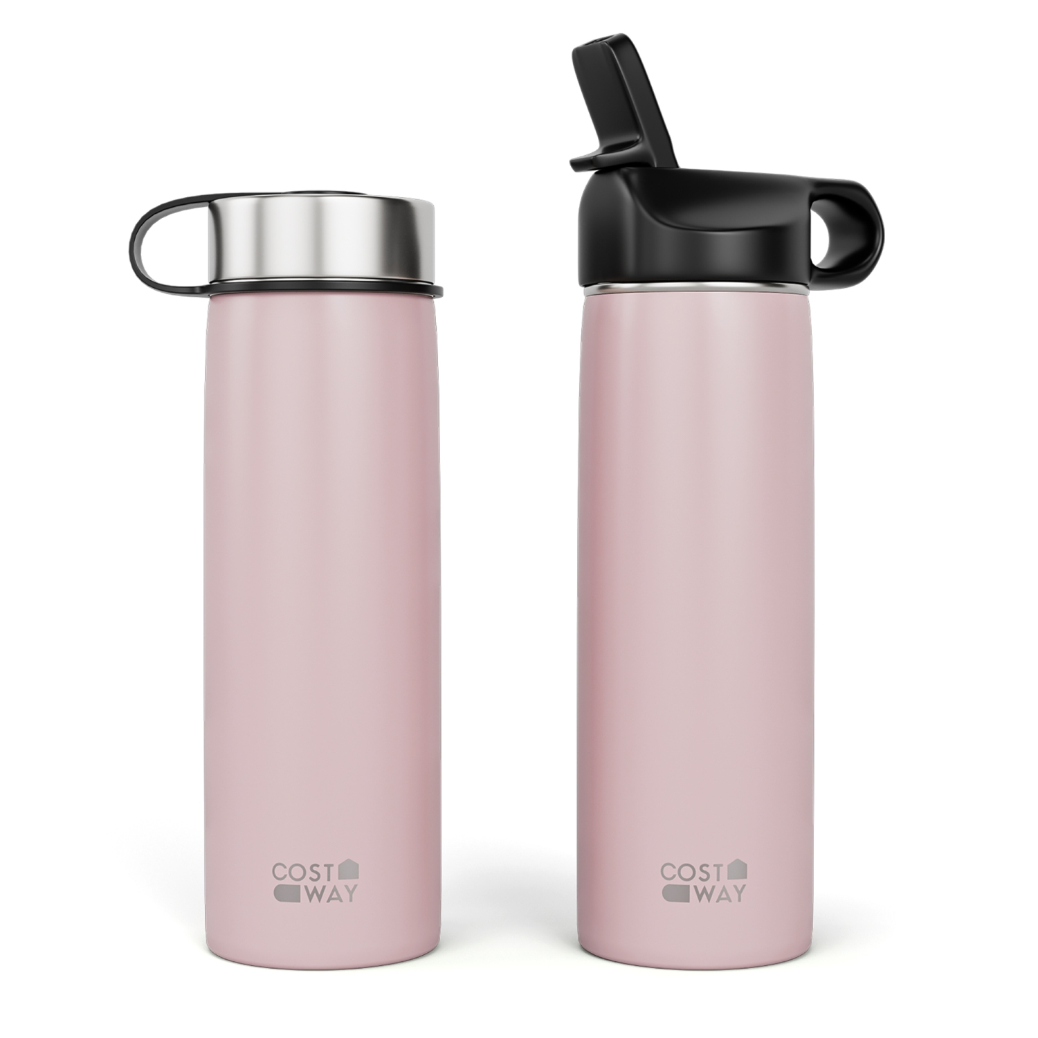 Costway 22 oz Double Wall Insulated Water Bottle Stainless Steel w/ 2 Lids & Straw