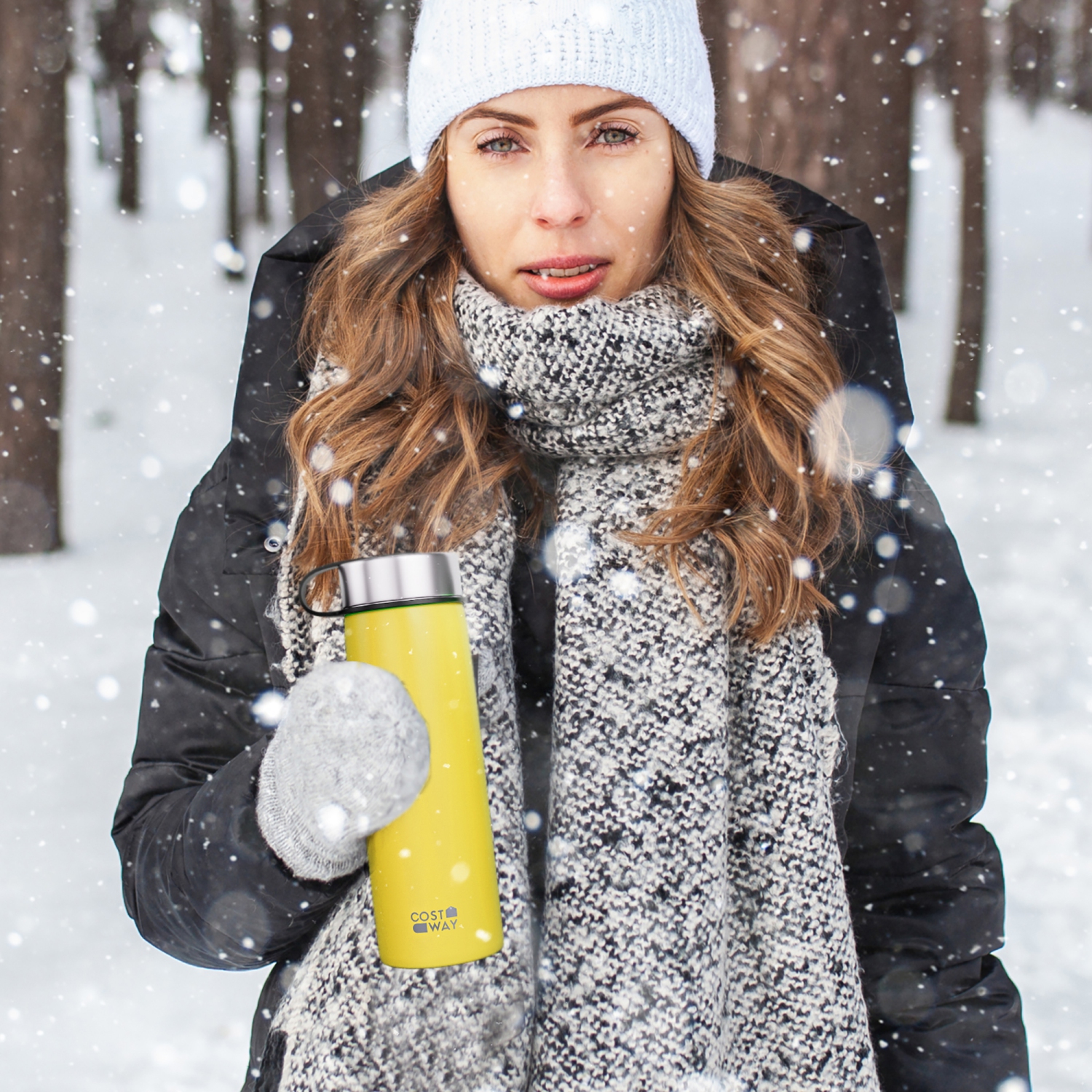 Costway 22 oz Double Wall Insulated Water Bottle Stainless Steel w/ 2 Lids & Straw