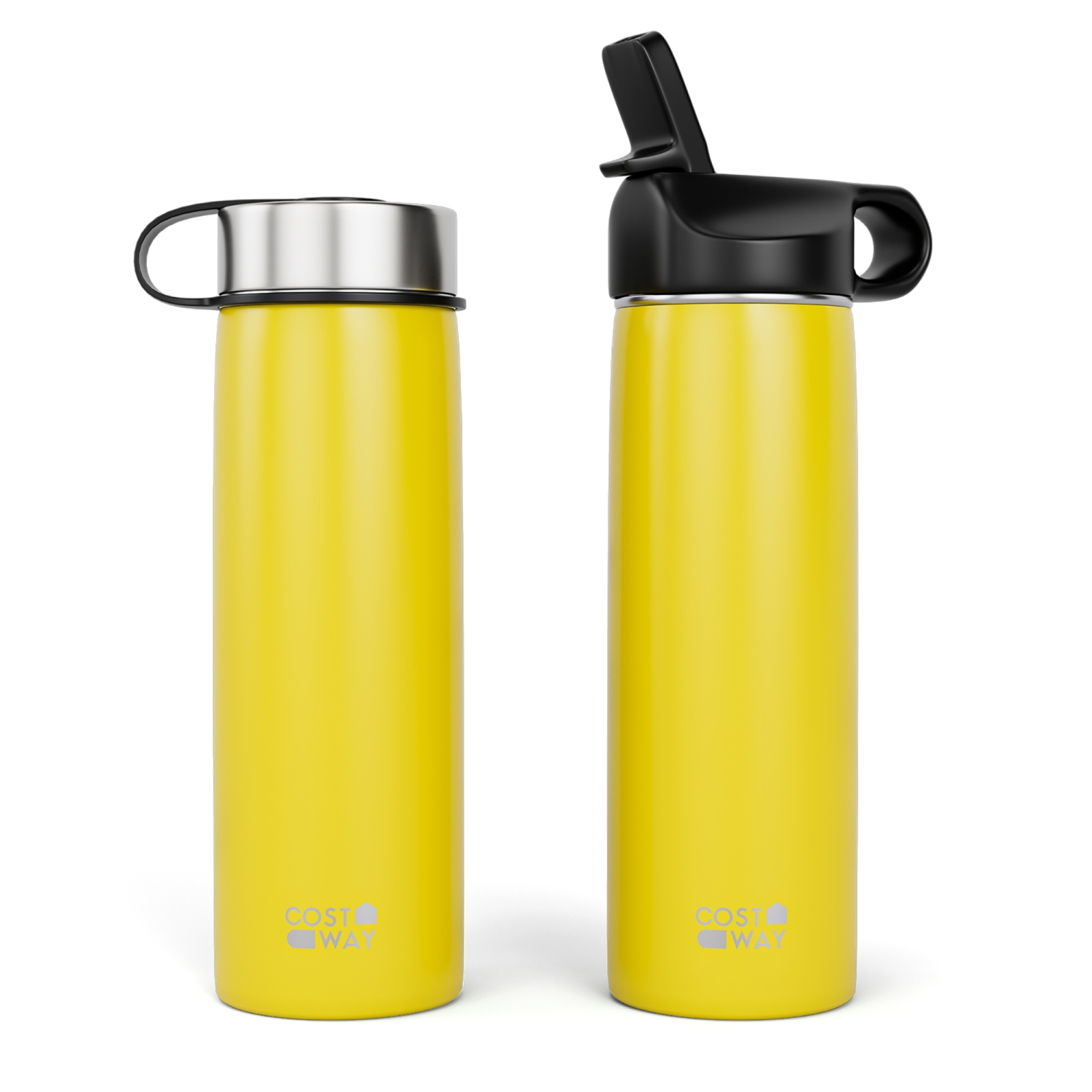 Costway 22 oz Double Wall Insulated Water Bottle Stainless Steel w/ 2 Lids & Straw