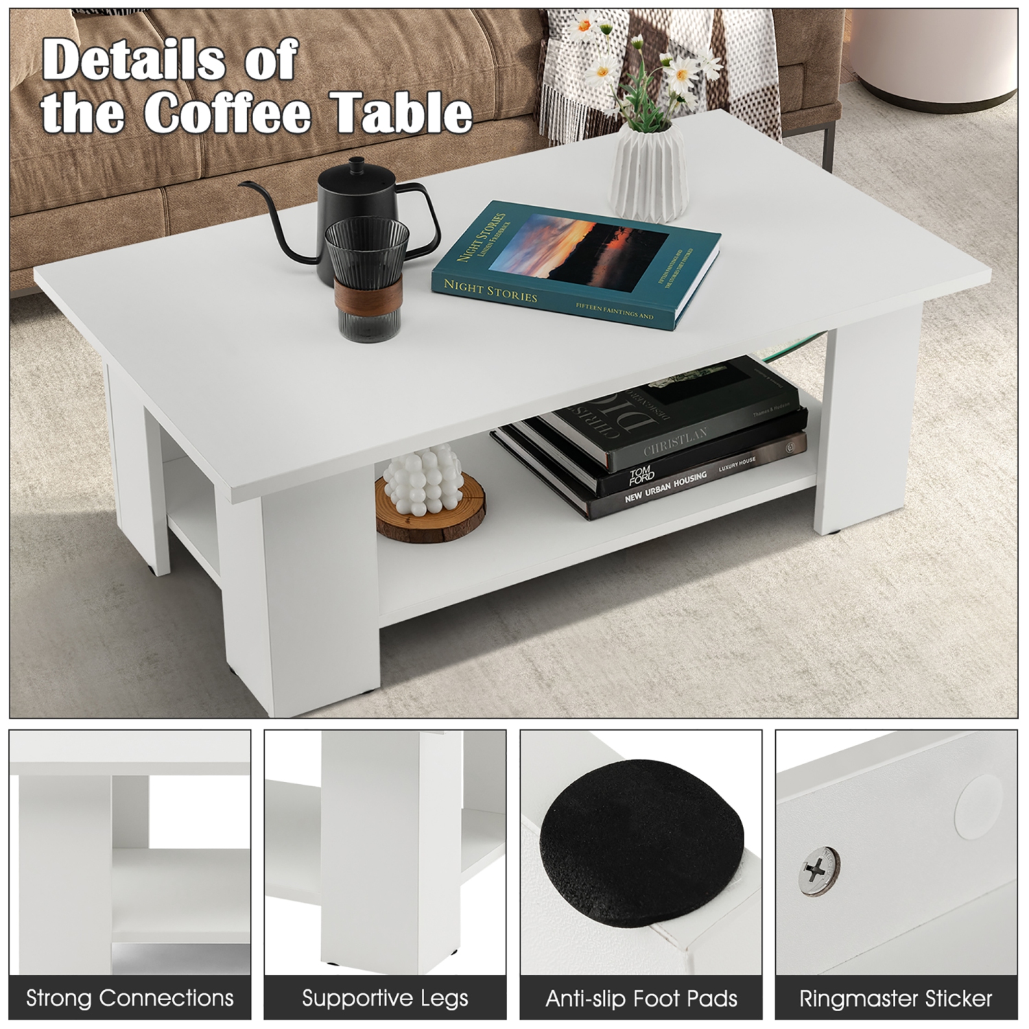 Costway Coffee Table 2-Tier Modern Center Cocktail Table with Storage Shelf for Living Room