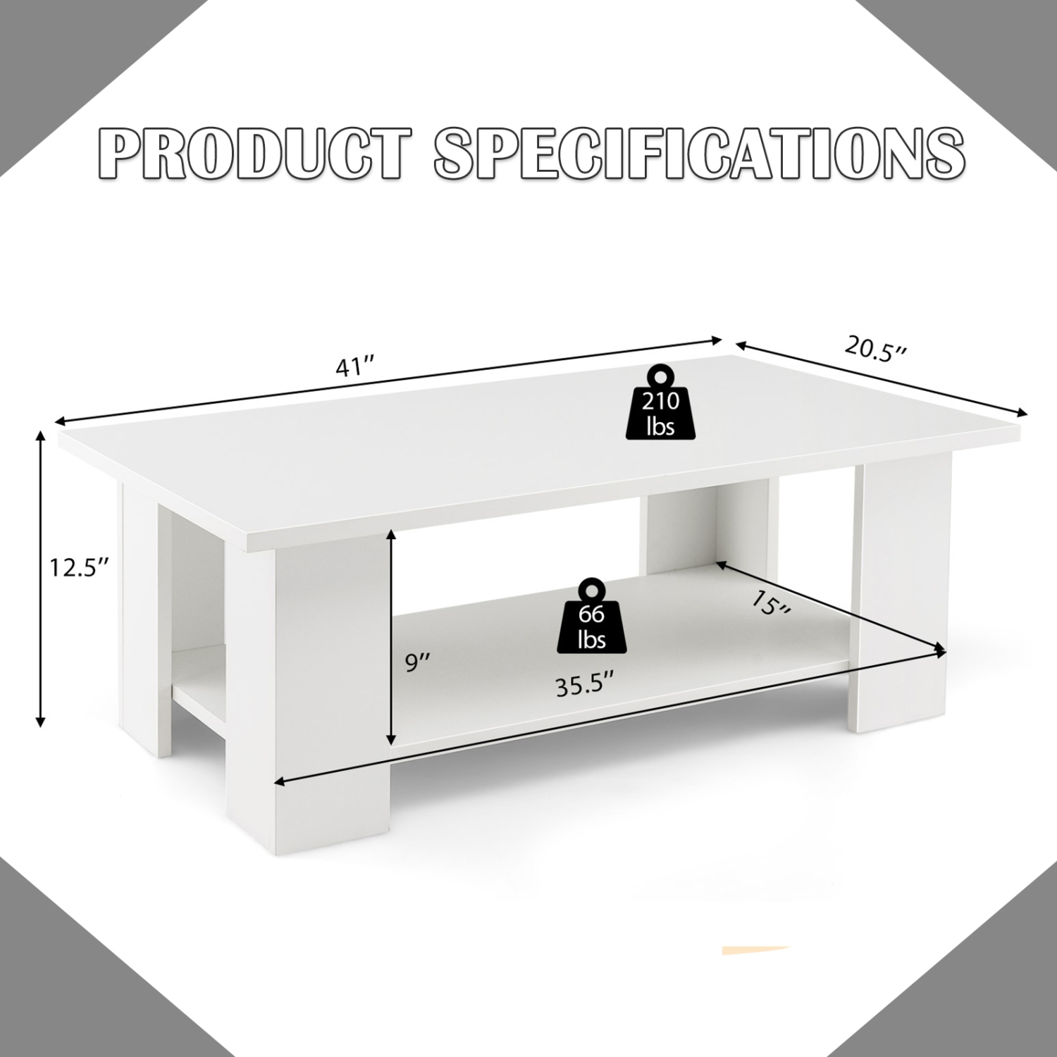 Costway Coffee Table 2-Tier Modern Center Cocktail Table with Storage Shelf for Living Room