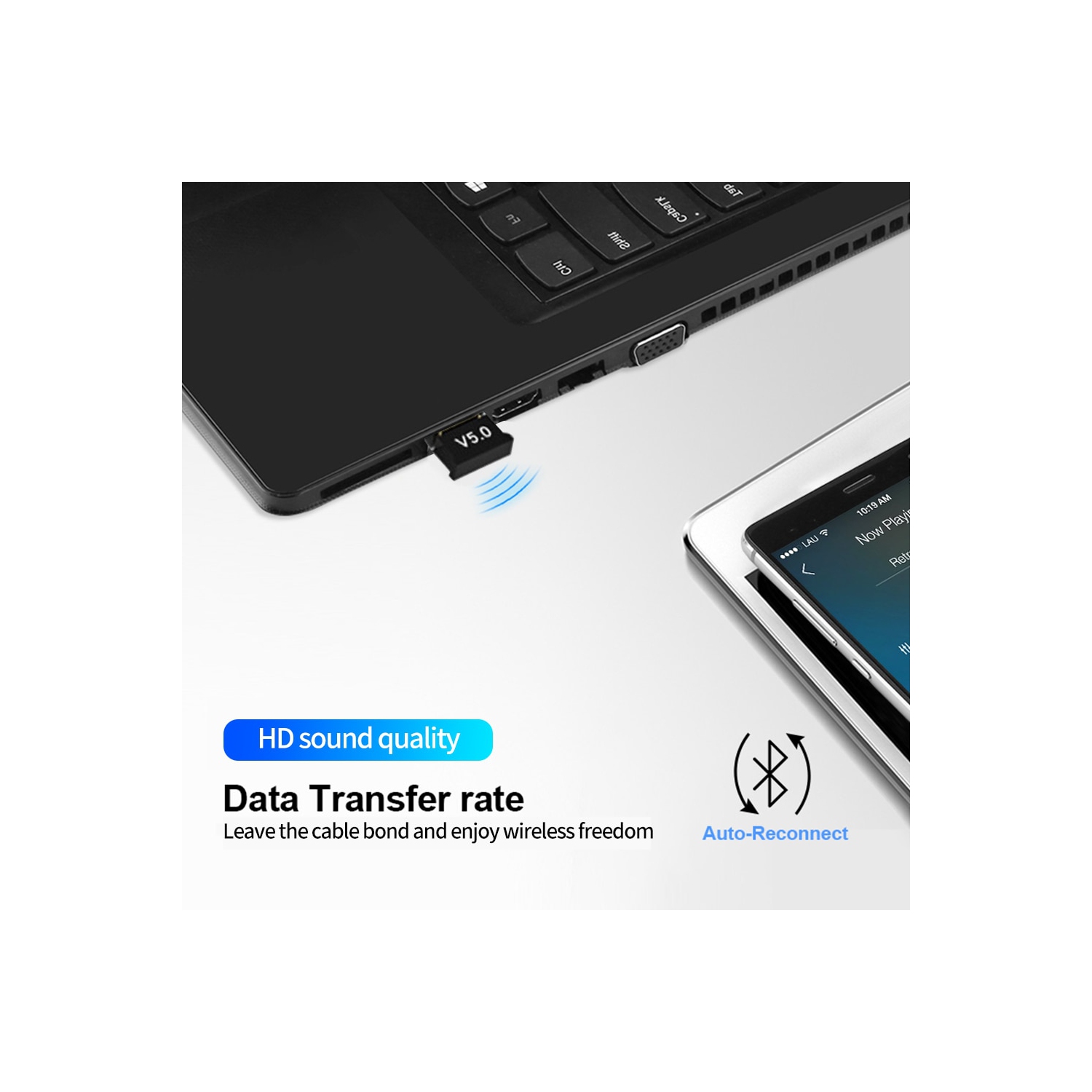 Adaptateur Bluetooth USB 5,0 Clé sans fil Récepteur émetteur Bluetooth pour Windows 10/8.1/8 / 7 / XP Ordinateur portatif pour haut-parleur