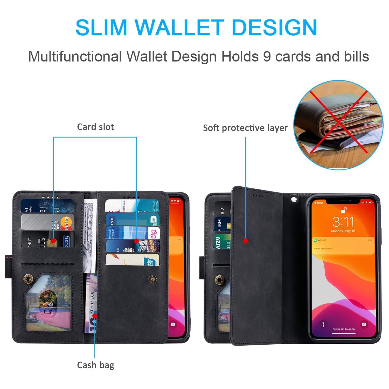 ATLAS Étui portefeuille en cuir de qualité supérieure pour iPhone 14 avec 9 emplacements pour carte d'identité et cartes de crédit avec poche