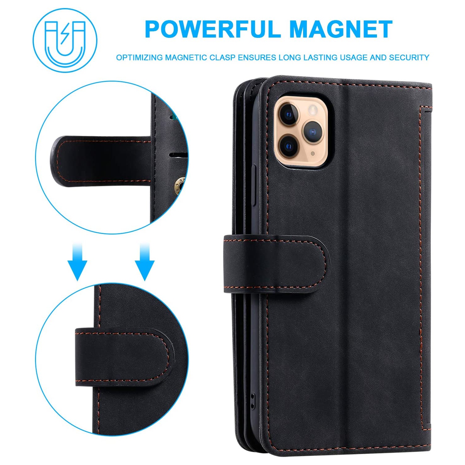 ATLAS Étui portefeuille en cuir de qualité supérieure pour iPhone 14 avec 9 emplacements pour carte d'identité et cartes de crédit avec poche