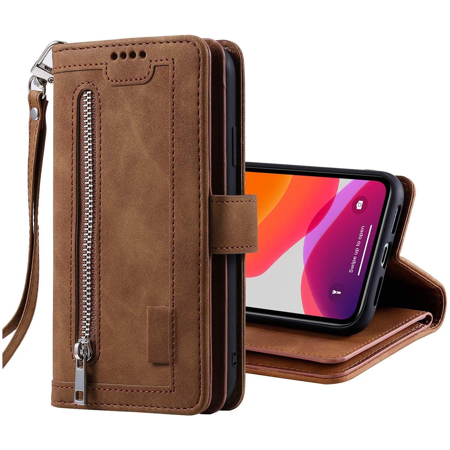 Atlas Wallet Case Premium Leather Protector Cover with 9-Slots ID&Credit Cards Pocket with Side Cash Pocket with Stand For iPhone 14 PRO - Brown