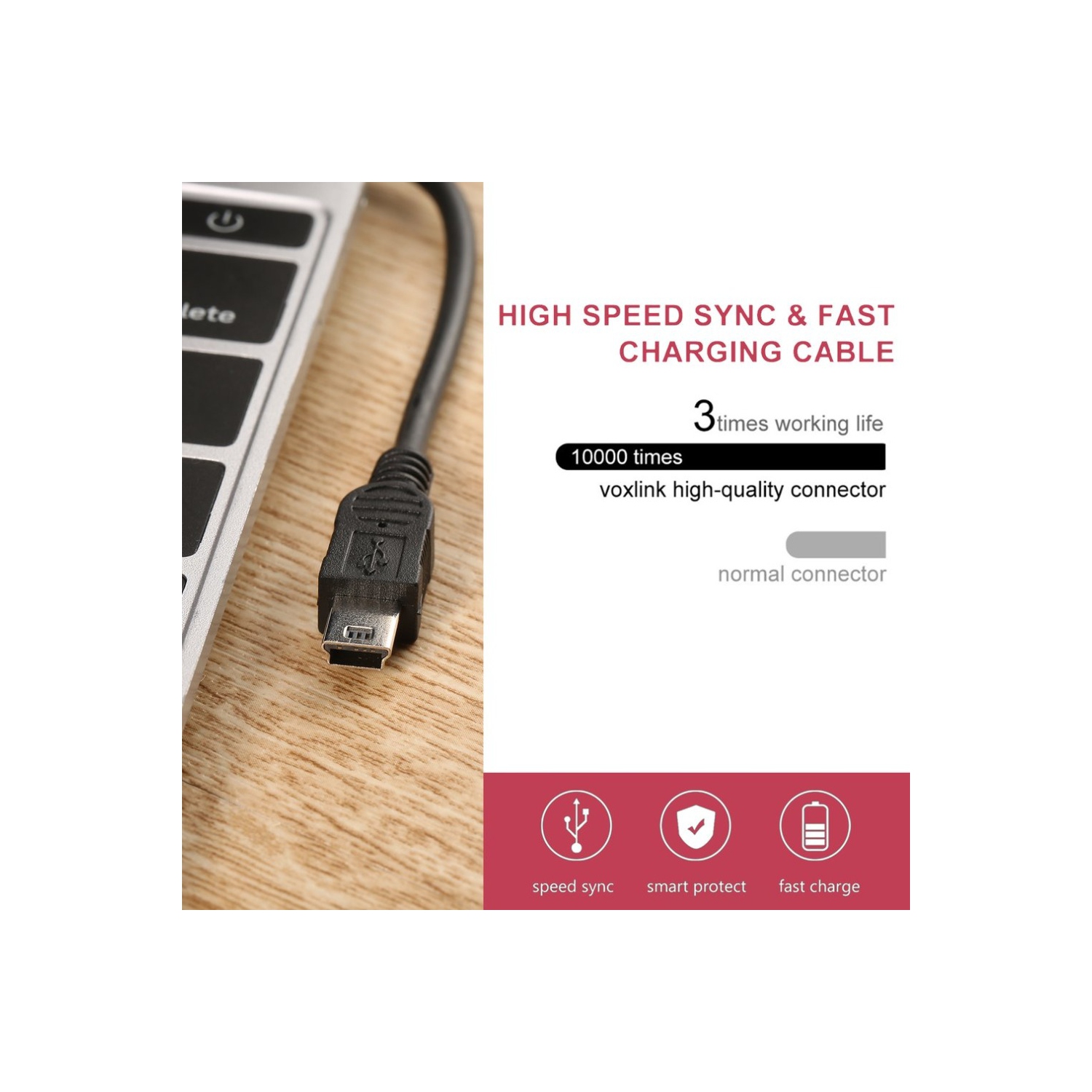 USB 2,0A mâle vers mini USB 5 broches B Câble de chargement de données adaptateur 3Ft/1M, noir