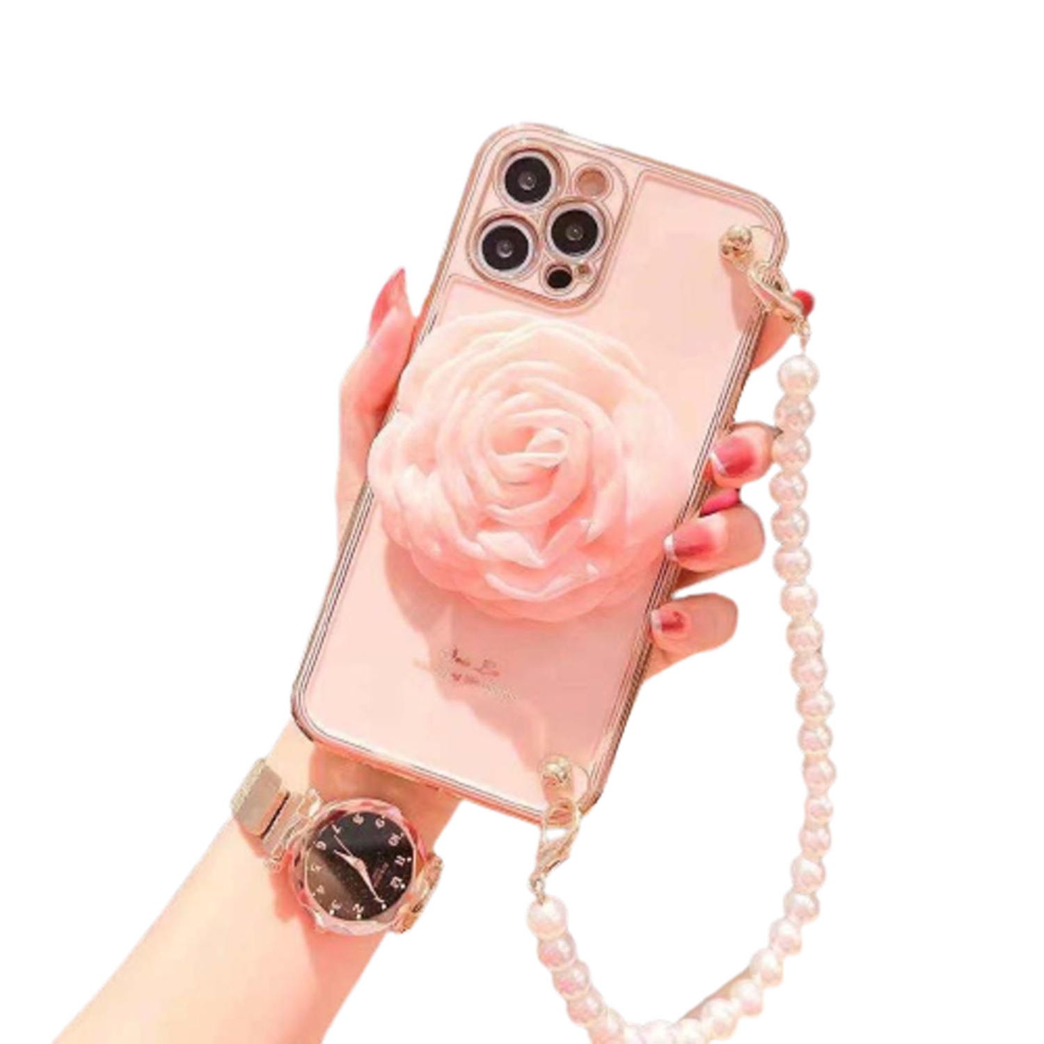 Apple iPhone 12 Pro Max Women Wrist Chain Bracelet Heavy Duty Case Luxury Silicone Flower Cover