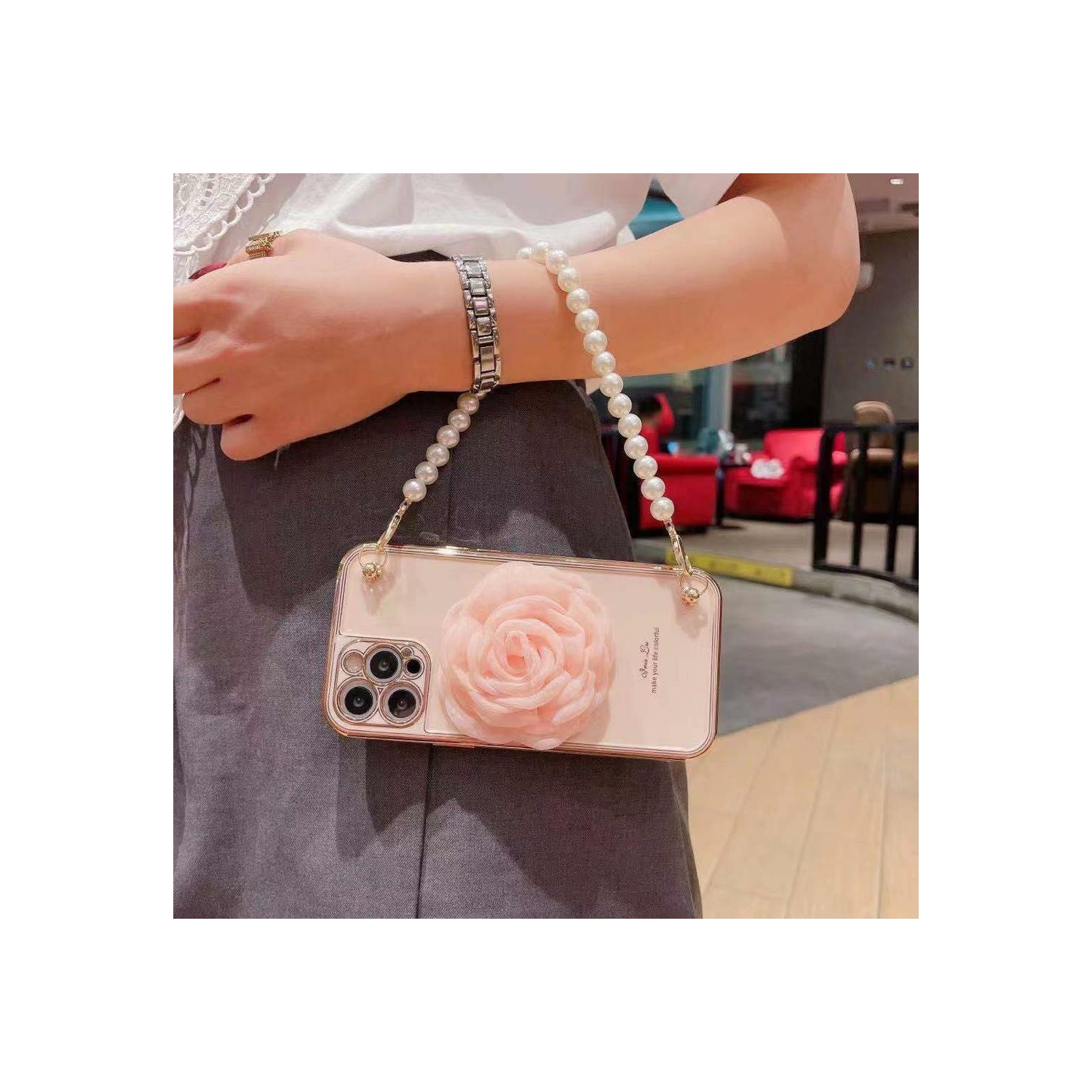 Apple iPhone 12 Pro Max Women Wrist Chain Bracelet Heavy Duty Case Luxury Silicone Flower Cover