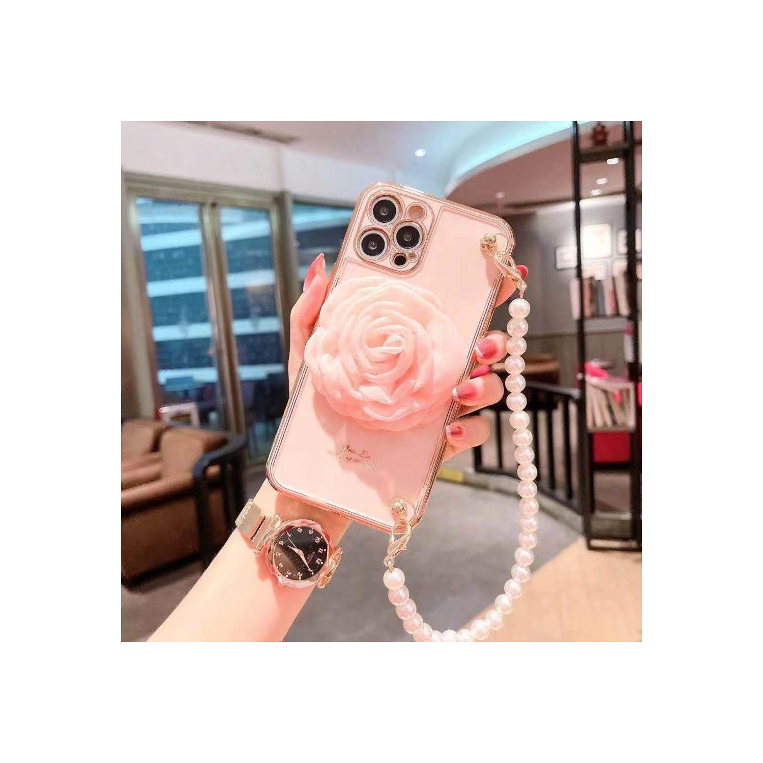 Apple iPhone 11 Pro Max Women Wrist Chain Bracelet Heavy Duty Case Luxury Silicone Flower Cover