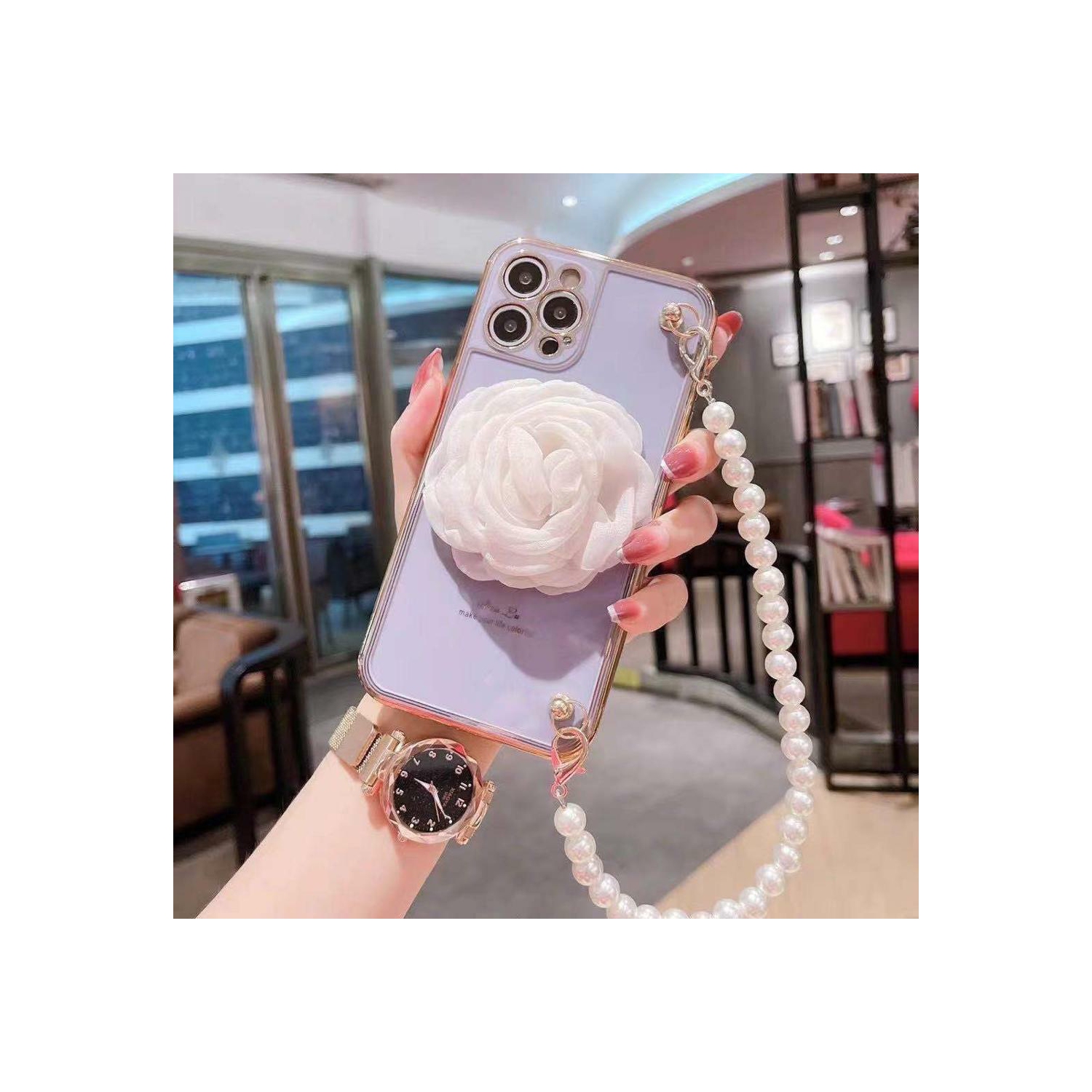 Apple iPhone 11 Women Wrist Chain Bracelet Heavy Duty Case Luxury Silicone Flower Cover