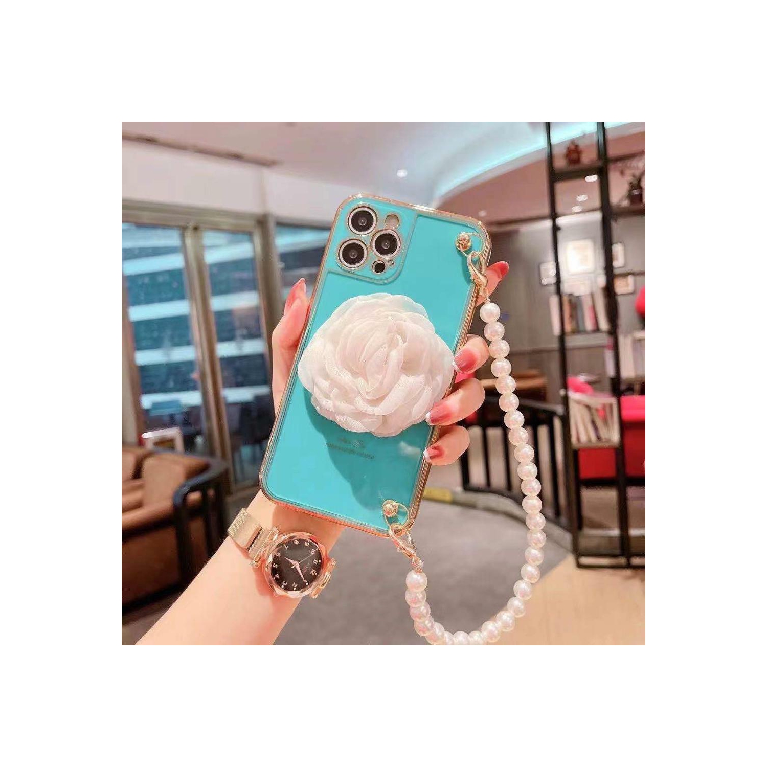 Apple iPhone 11 Women Wrist Chain Bracelet Heavy Duty Case Luxury Silicone Flower Cover