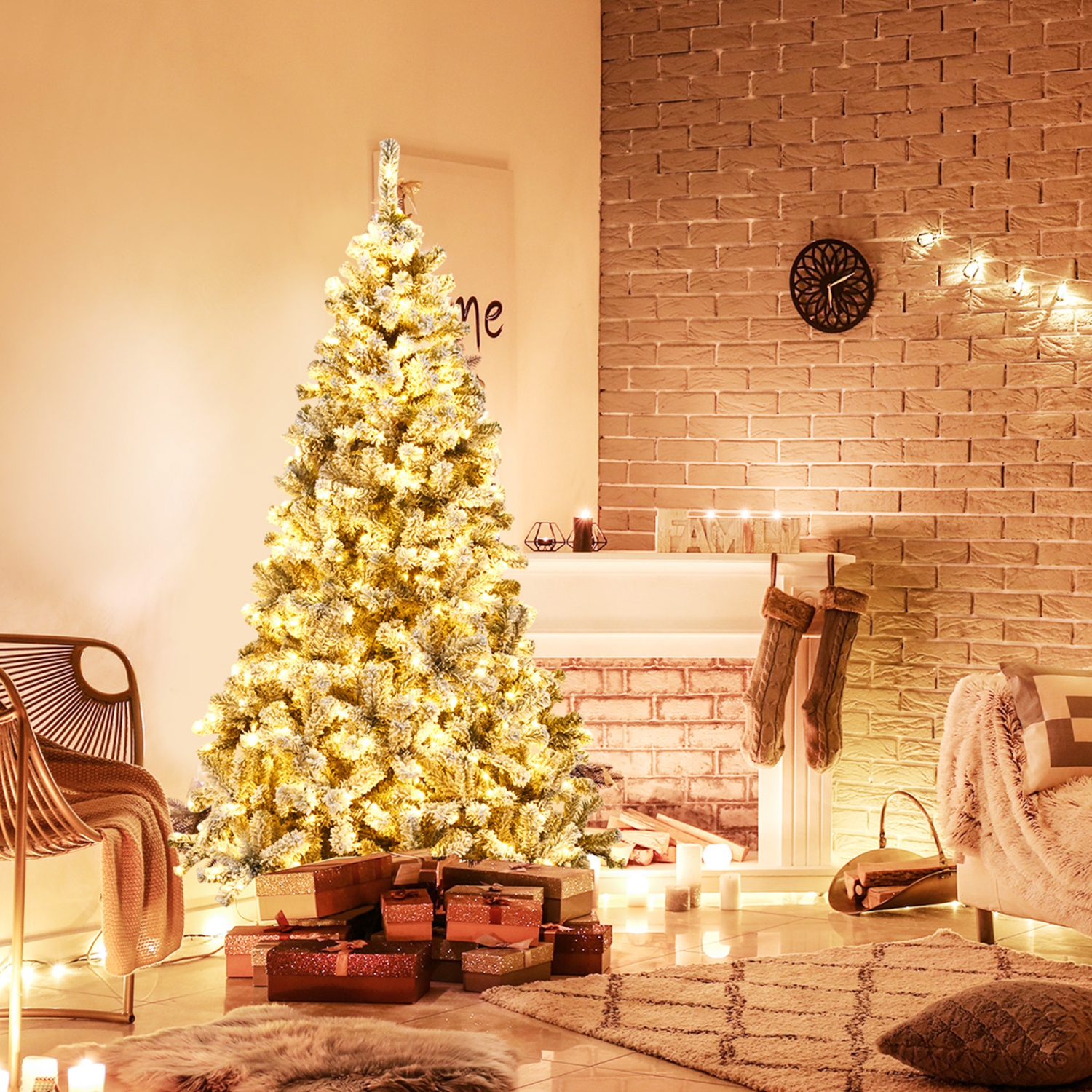 Gymax 6 FT Pre-Lit Christmas Tree Snow Flocked Hinged Pine Tree w/ Metal Stand