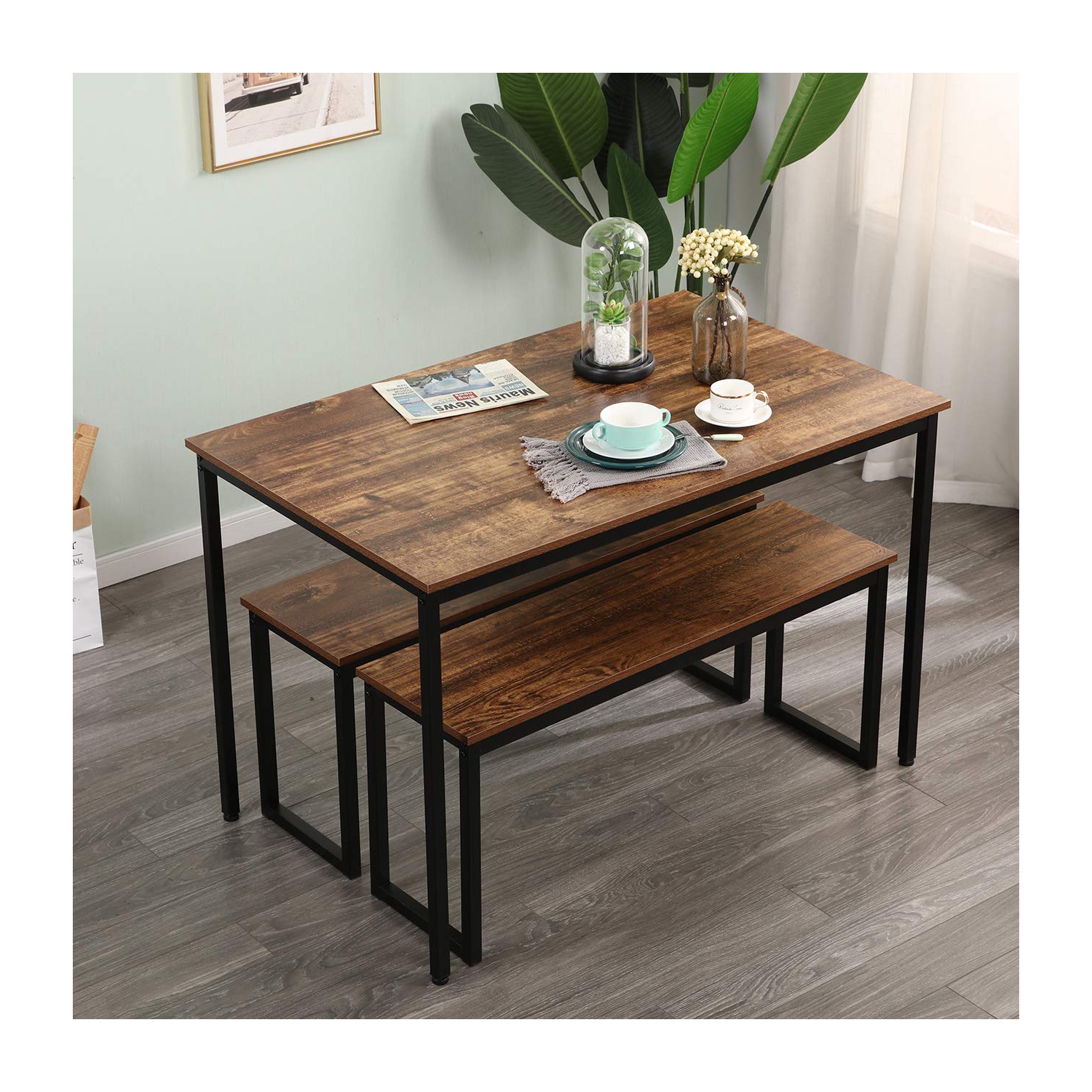 Dining Table with 2 Benches Dining Room Sets for Kitchen, Brown