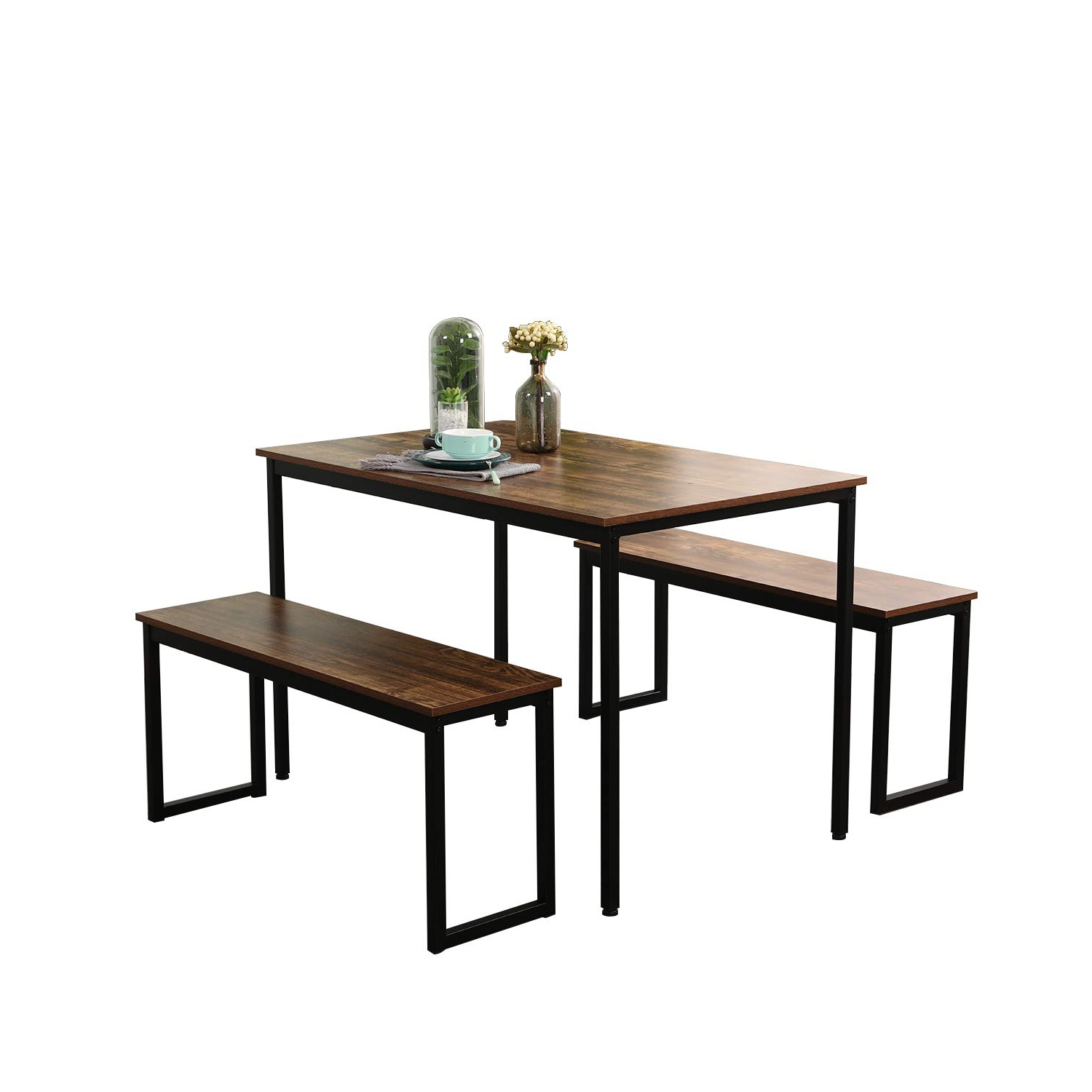 Dining Table with 2 Benches Dining Room Sets for Kitchen, Brown