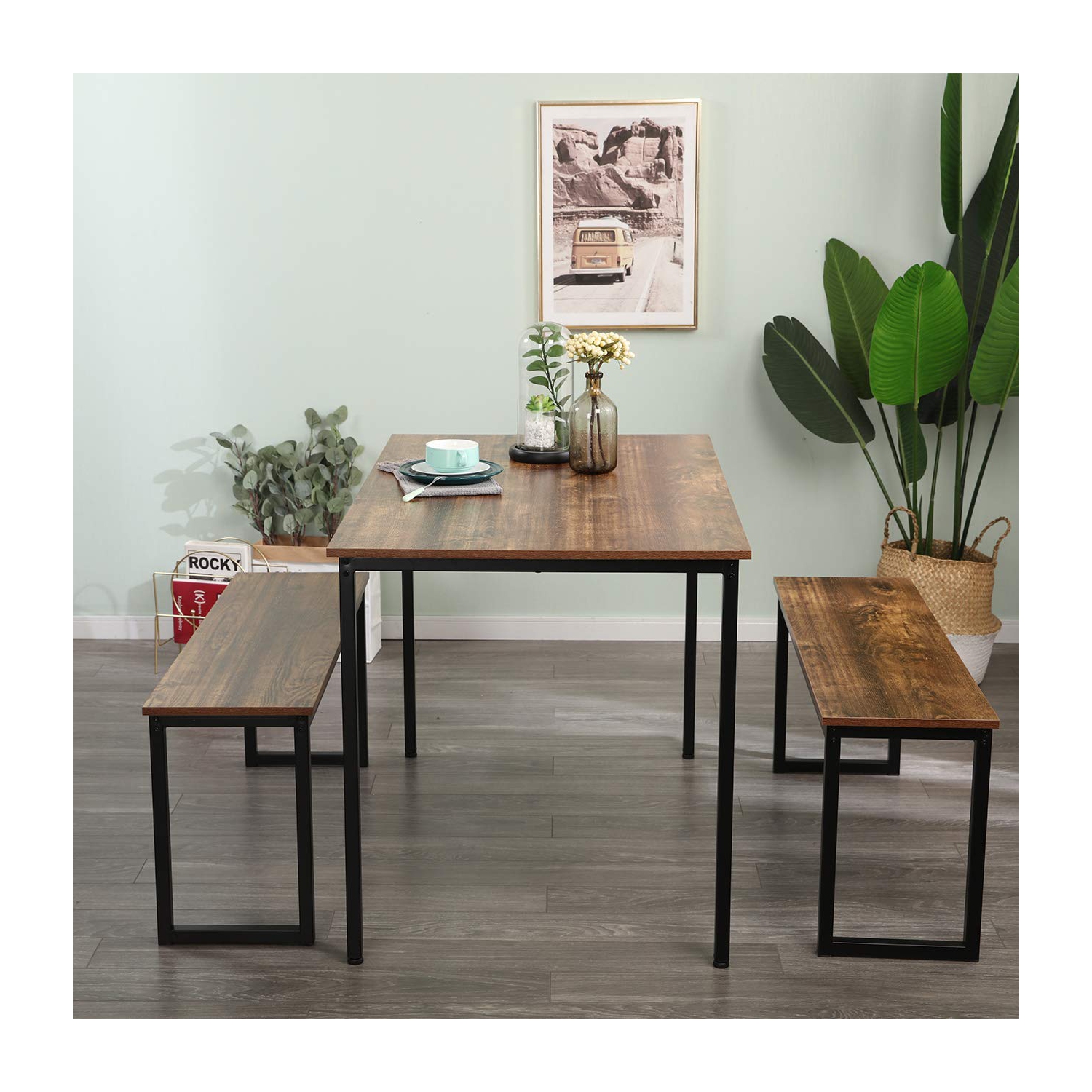Dining Table with 2 Benches Dining Room Sets for Kitchen, Brown