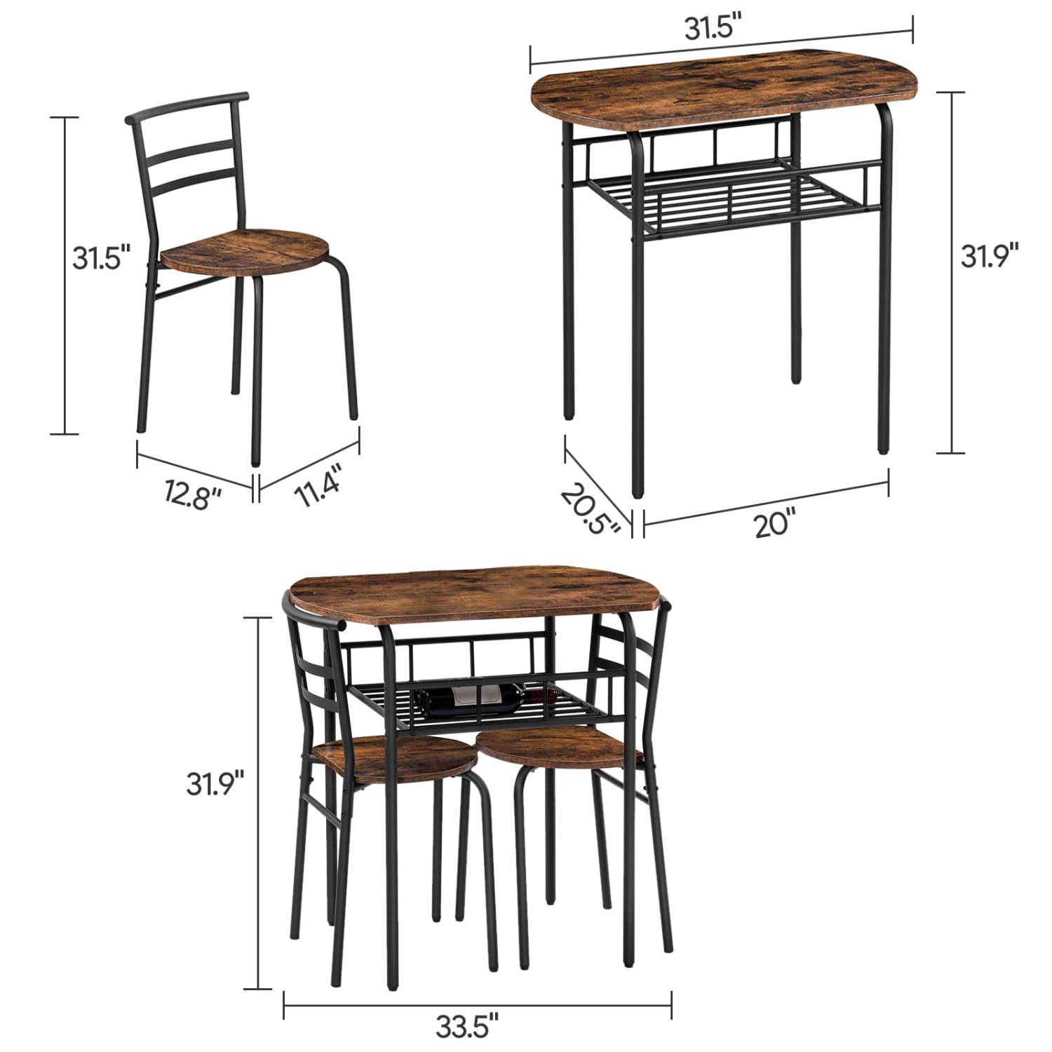 Furniture One 3-Piece Dining Table Set Rustic Black