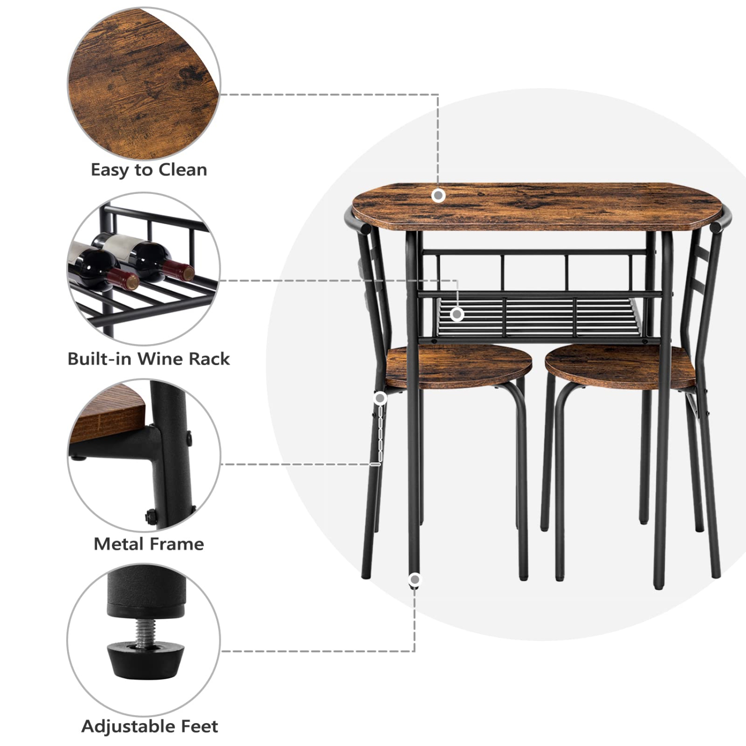 Furniture One 3-Piece Dining Table Set Rustic Black