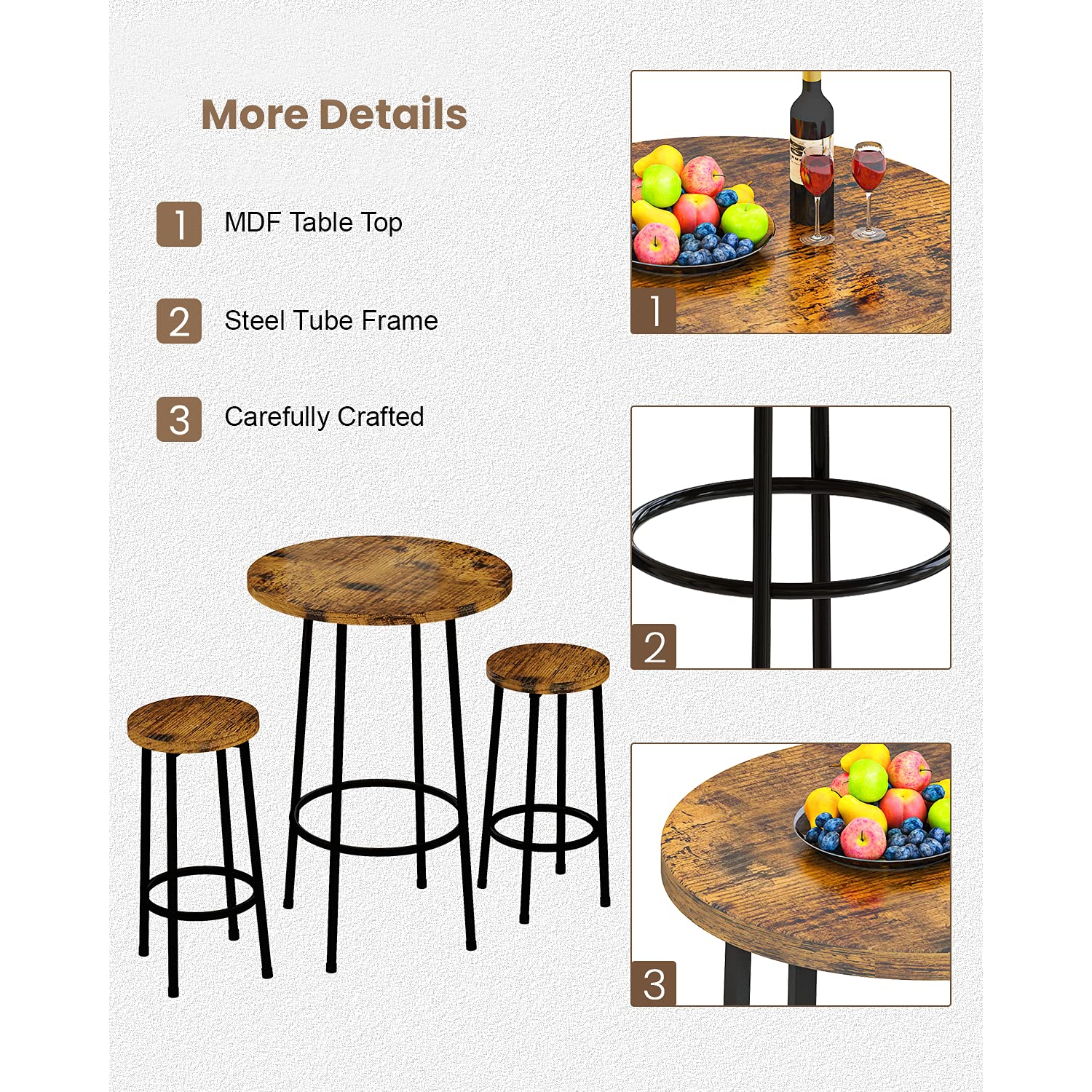 Furniture One 3 Piece Pub Dining Set Rustic Brown